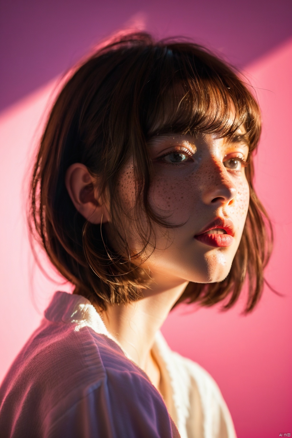 1girl, pink background, portrait (object), light and shadow, freckles, depth of field,