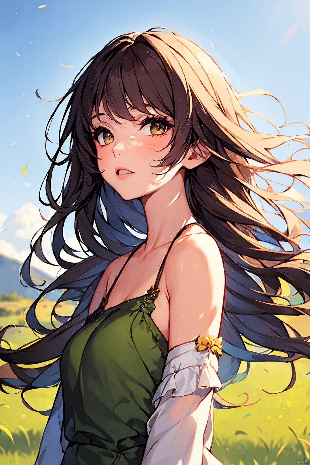  1girl, solo, dress, looking at viewer, long hair, blurry, brown hair, outdoors, blurry background, bare shoulders, upper body, realistic, grass, green dress, parted lips, day, lips, black hair, brown eyes, off shoulder, jijianchahua