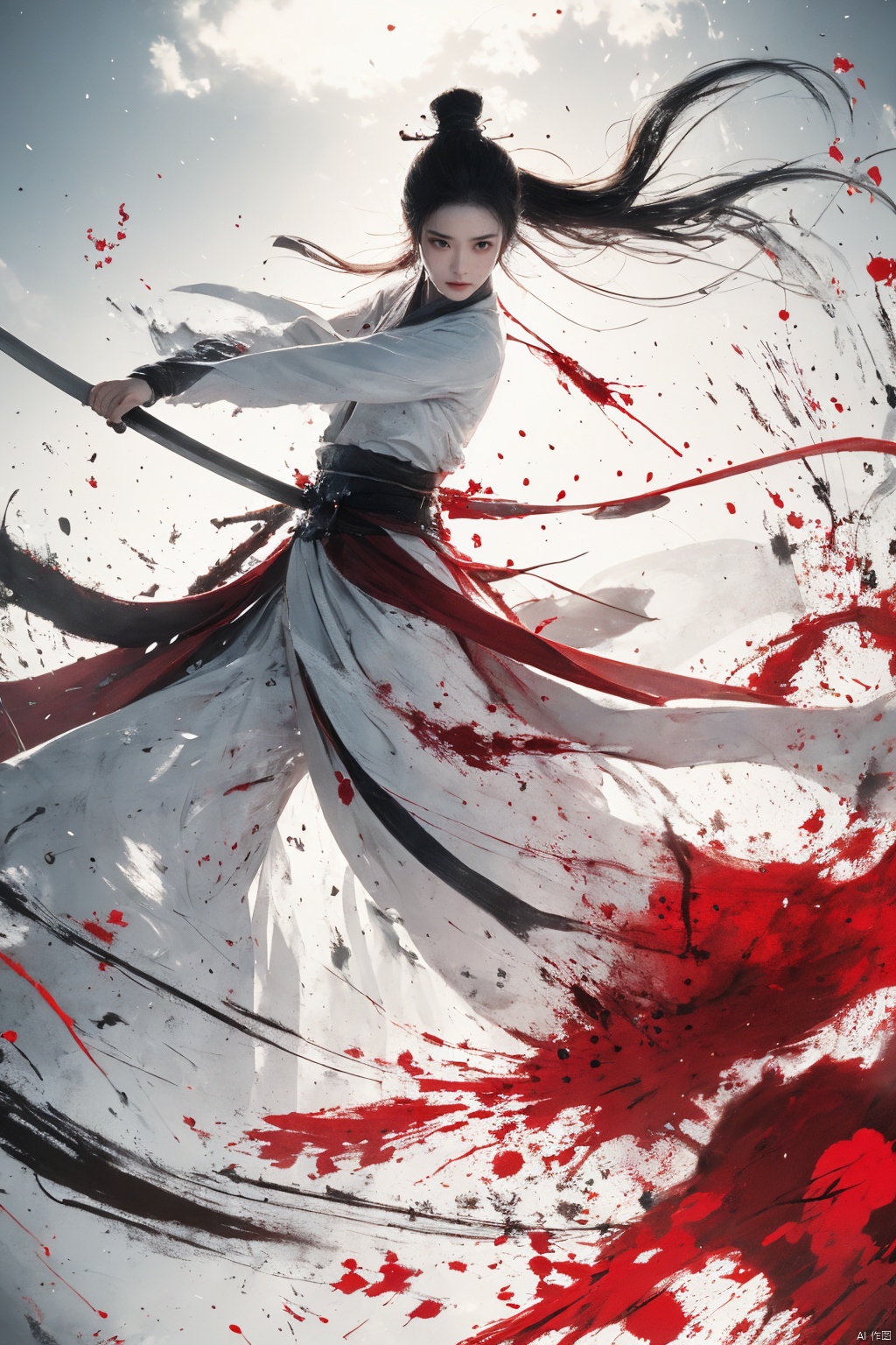  a girl, smwuxia,chinese text,blood, weapon:sw,blood splatter,motion blur,text