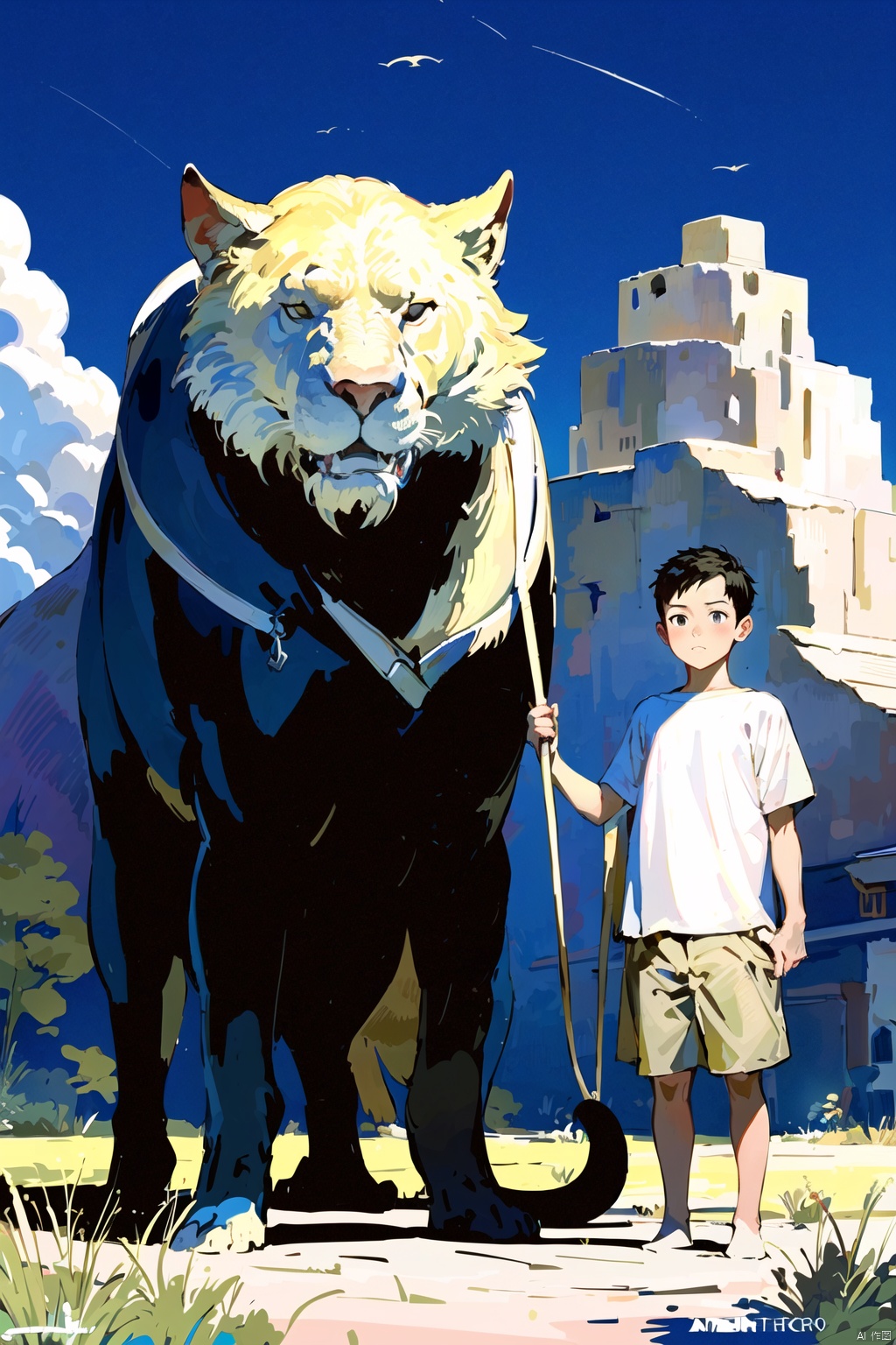  kp,1boy, holding, standing, male focus, outdoors, sky, animal