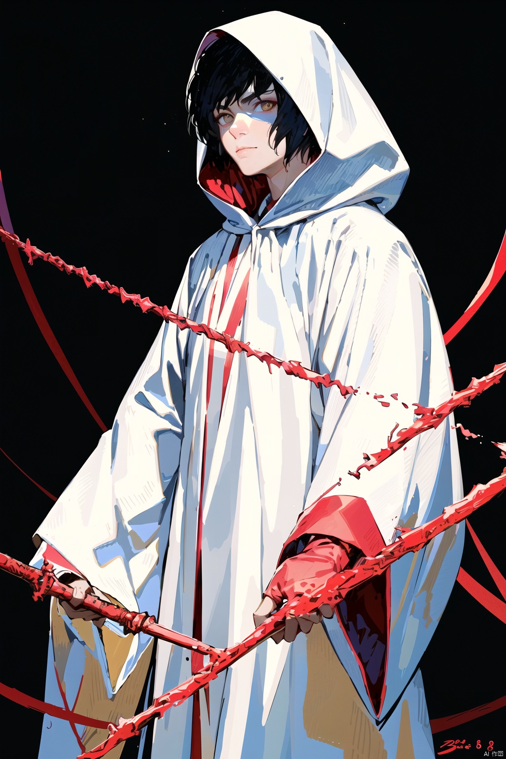  kp,solo, looking at viewer, short hair, brown hair, black hair, long sleeves, 1boy, holding, standing, male focus, cowboy shot, signature, hood, wide sleeves, dated, glowing, hood down, staff, robe, holding staff, white robe