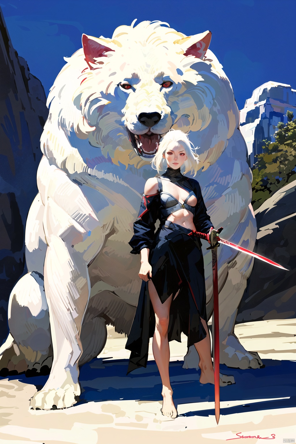  kp,1girl, breasts, red eyes, holding, standing, weapon, white hair, outdoors, barefoot, sword, signature, medium hair, holding weapon, animal, holding sword, ground vehicle, motor vehicle, dog, car, painterly