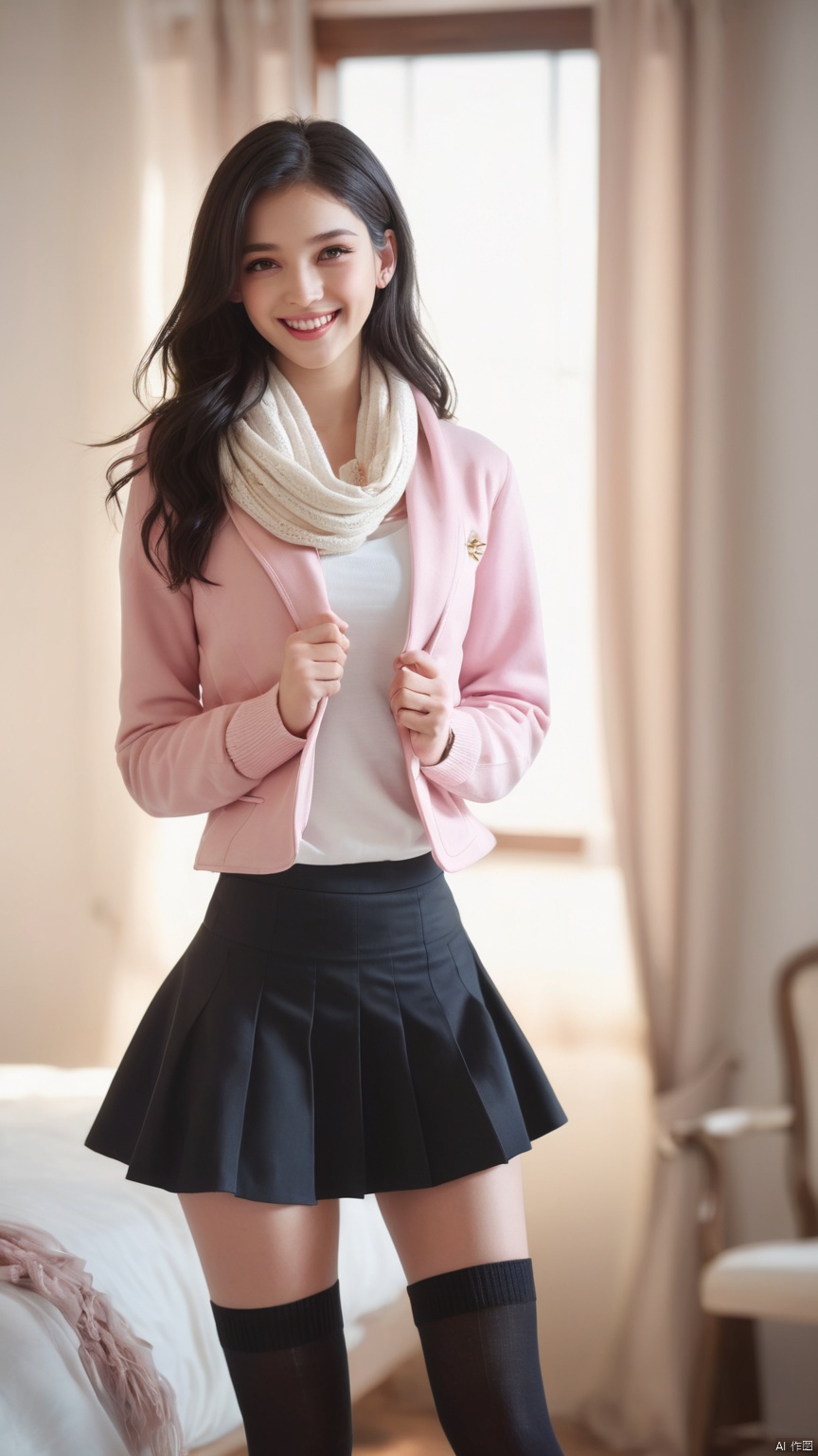 Ecstatic,
(Sparkling eyes:1.2),
1girl, 21yo girl,capricornus,pink face,long legs,black hair,smile,long hair,modern clothing,(very very short skirt:1.5),knee socks,smiling, scarf,long coat,Transparent skirt,stockings,
﻿
(bedroom:1.2),,cowboy shot,,
﻿
realistic,captivating gaze, embellished clothing, natural light, shallow depth of field, romantic setting, dreamy pastel color palette, whimsical details, captured on film,. 
(Original Photo, Best Quality), (Realistic, Photorealistic: 1.3), Clean, Masterpiece, Fine Detail, Masterpiece, Ultra Detailed, High Resolution, (Best Illustration), (Best Shadows), Complex, (view: 1.3), striped, light master,Bright light, ,