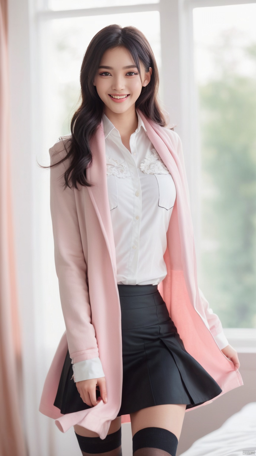Ecstatic,
Clear eyes,
Reflective eyes,
1girl, 21yo girl,capricornus,pink face,long legs,black hair,smile,long hair,modern clothing,(very very short skirt:1.5),knee socks,smiling, scarf,long coat,Transparent skirt,stockings,
﻿
(bedroom:1.2),,cowboy shot,,
﻿
realistic,captivating gaze, embellished clothing, natural light, shallow depth of field, romantic setting, dreamy pastel color palette, whimsical details, captured on film,. 
(Original Photo, Best Quality), (Realistic, Photorealistic: 1.3), Clean, Masterpiece, Fine Detail, Masterpiece, Ultra Detailed, High Resolution, (Best Illustration), (Best Shadows), Complex, (view: 1.3), striped, light master,Bright light, ,