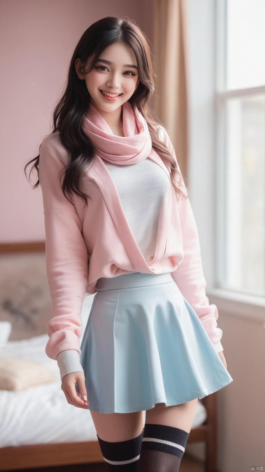 Ecstatic,
Clear eyes,
Reflective eyes,
1girl, 21yo girl,capricornus,pink face,long legs,black hair,smile,long hair,modern clothing,(very very short skirt:1.5),knee socks,smiling, scarf,long coat,Transparent skirt,stockings,
﻿
(bedroom:1.2),,cowboy shot,,
﻿
realistic,captivating gaze, embellished clothing, natural light, shallow depth of field, romantic setting, dreamy pastel color palette, whimsical details, captured on film,. 
(Original Photo, Best Quality), (Realistic, Photorealistic: 1.3), Clean, Masterpiece, Fine Detail, Masterpiece, Ultra Detailed, High Resolution, (Best Illustration), (Best Shadows), Complex, (view: 1.3), striped, light master,Bright light, ,