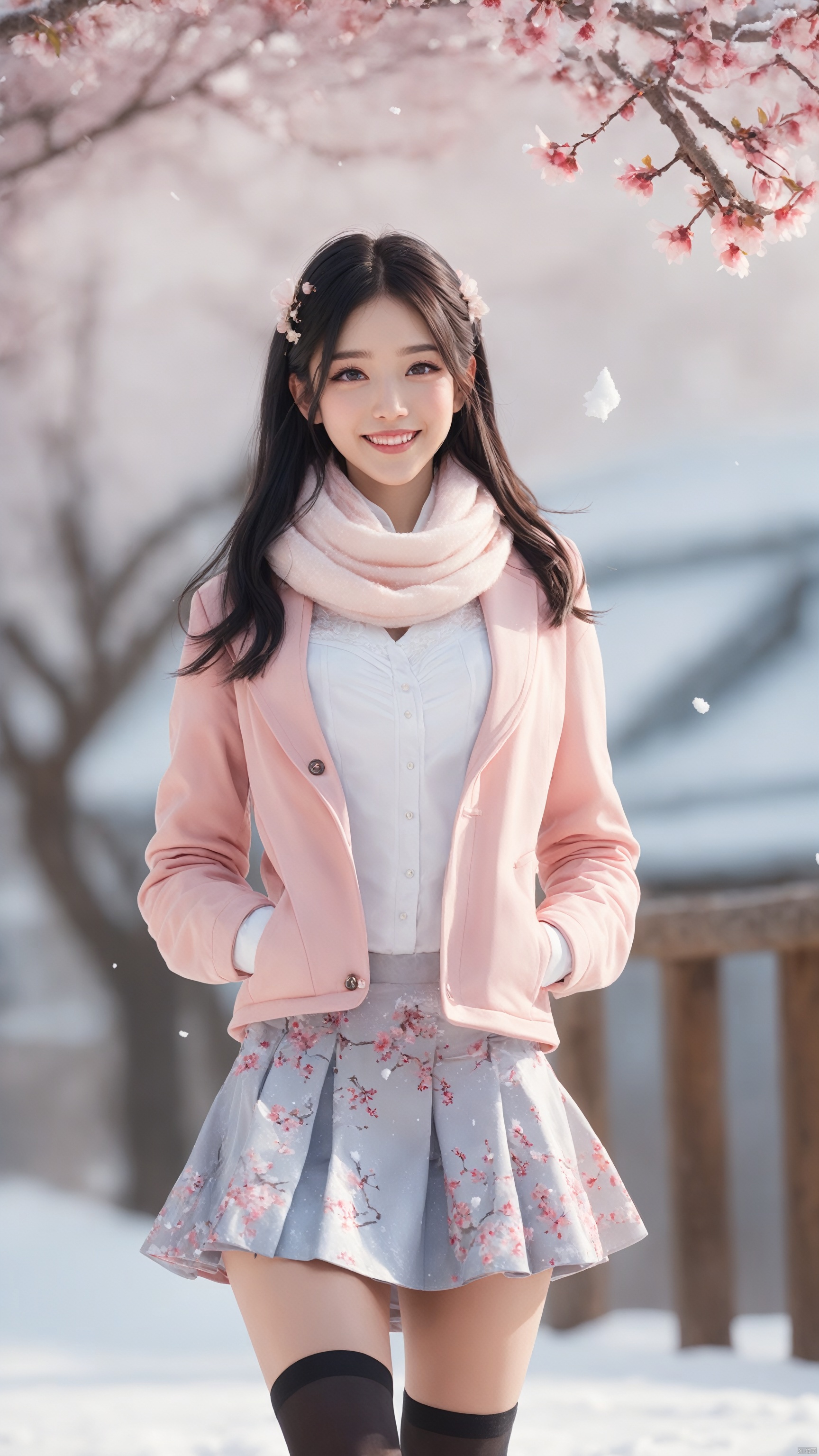  Ecstatic,
(Sparkling eyes:1.2),

,1 girl,Transparent skirt,pink face,stockings,(snow:1.2),(snowing:1.2),peach blossom,snow,solo,scarf,black hair,smile,long hair,bokeh,realistic,long coat,blurry, captivating gaze, embellished clothing, natural light, shallow depth of field, romantic setting, dreamy pastel color palette, whimsical details, captured on film,. (Original Photo, Best Quality), (Realistic, Photorealistic: 1.3), Clean, Masterpiece, Fine Detail, Masterpiece, Ultra Detailed, High Resolution, (Best Illustration), (Best Shadows), Complex, Bright light, modern clothing, (pastoral: 1.3), smiling,cowboy shot,(very very short skirt:1.5),knee socks,long legs, forest, grassland,(view: 1.3), 21yo girl, striped, capricornus, 1girl, light master