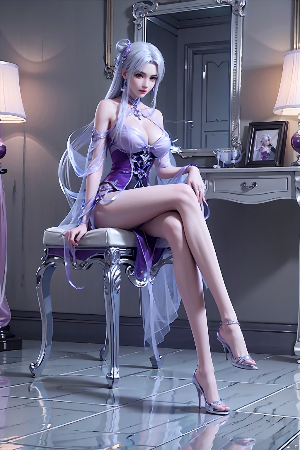1girl,solo,long hair,breasts,looking at viewer,large breasts,white hair,dress,cleavage,bare shoulders,jewelry,sitting,full body,purple hair,earrings,indoors,white dress,high heels,legs,bare legs,toes,chair,table,crossed legs,hand on own chest,reflection,mirror,reflective floor,different reflection,, qingyi