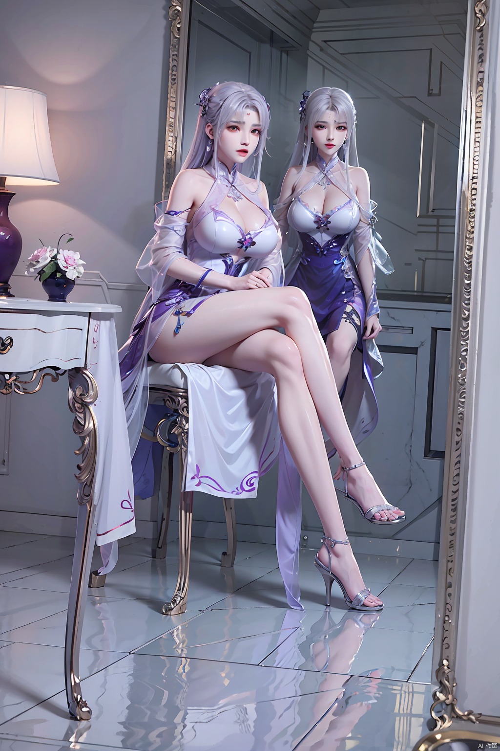 1girl,solo,long hair,breasts,looking at viewer,large breasts,white hair,dress,cleavage,bare shoulders,jewelry,sitting,full body,purple hair,earrings,indoors,white dress,high heels,legs,bare legs,toes,chair,table,crossed legs,hand on own chest,reflection,mirror,reflective floor,different reflection,, qingyi, xiaoyixian