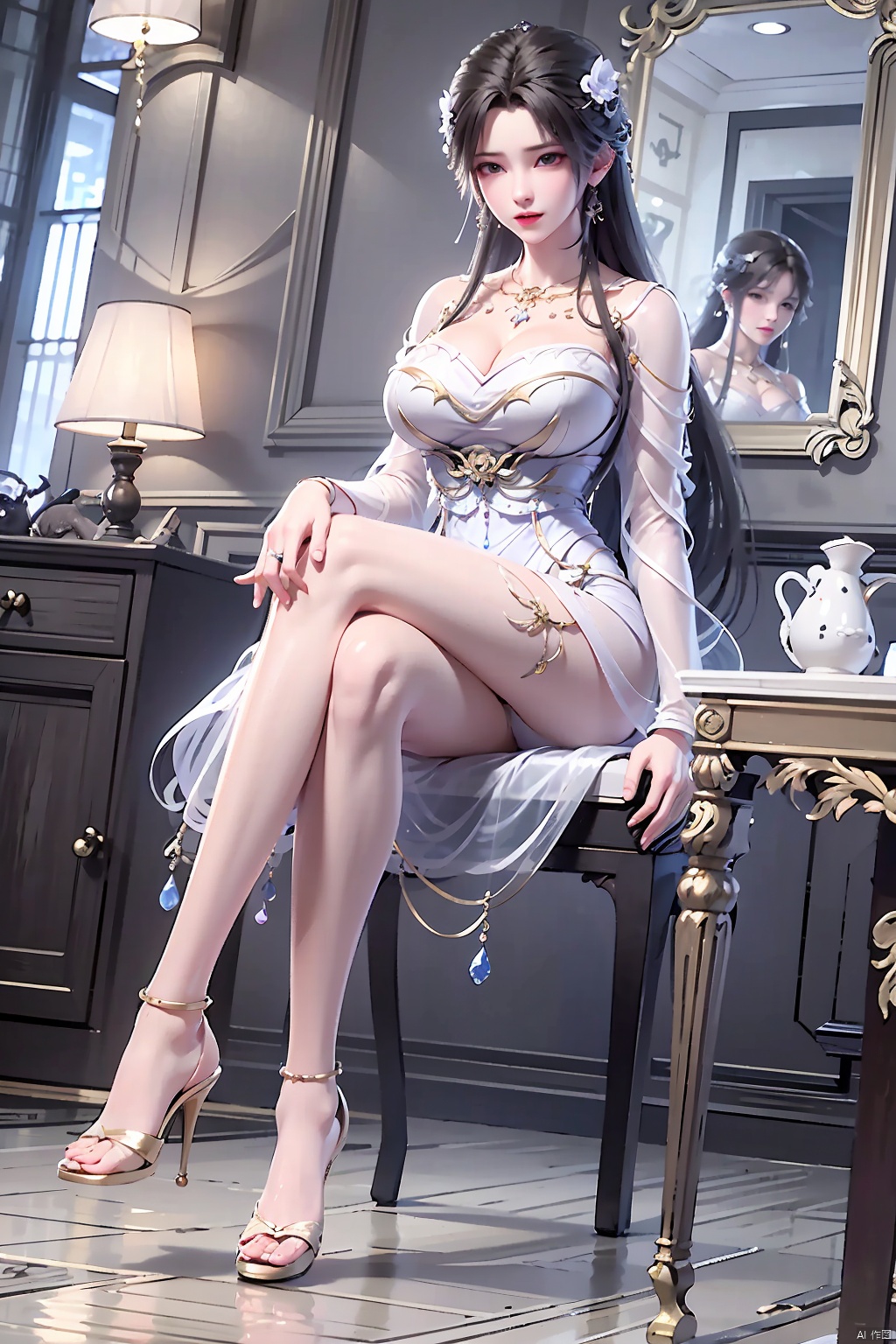 1girl,solo,long hair,breasts,looking at viewer,large breasts,black hair,dress,cleavage,bare shoulders,jewelry,sitting,full body,purple hair,earrings,indoors,white dress,high heels,legs,bare legs,toes,chair,table,crossed legs,hand on own chest,reflection,mirror,reflective floor,different reflection,, qingyi, xiaoyixian, 1girl,hair ornament