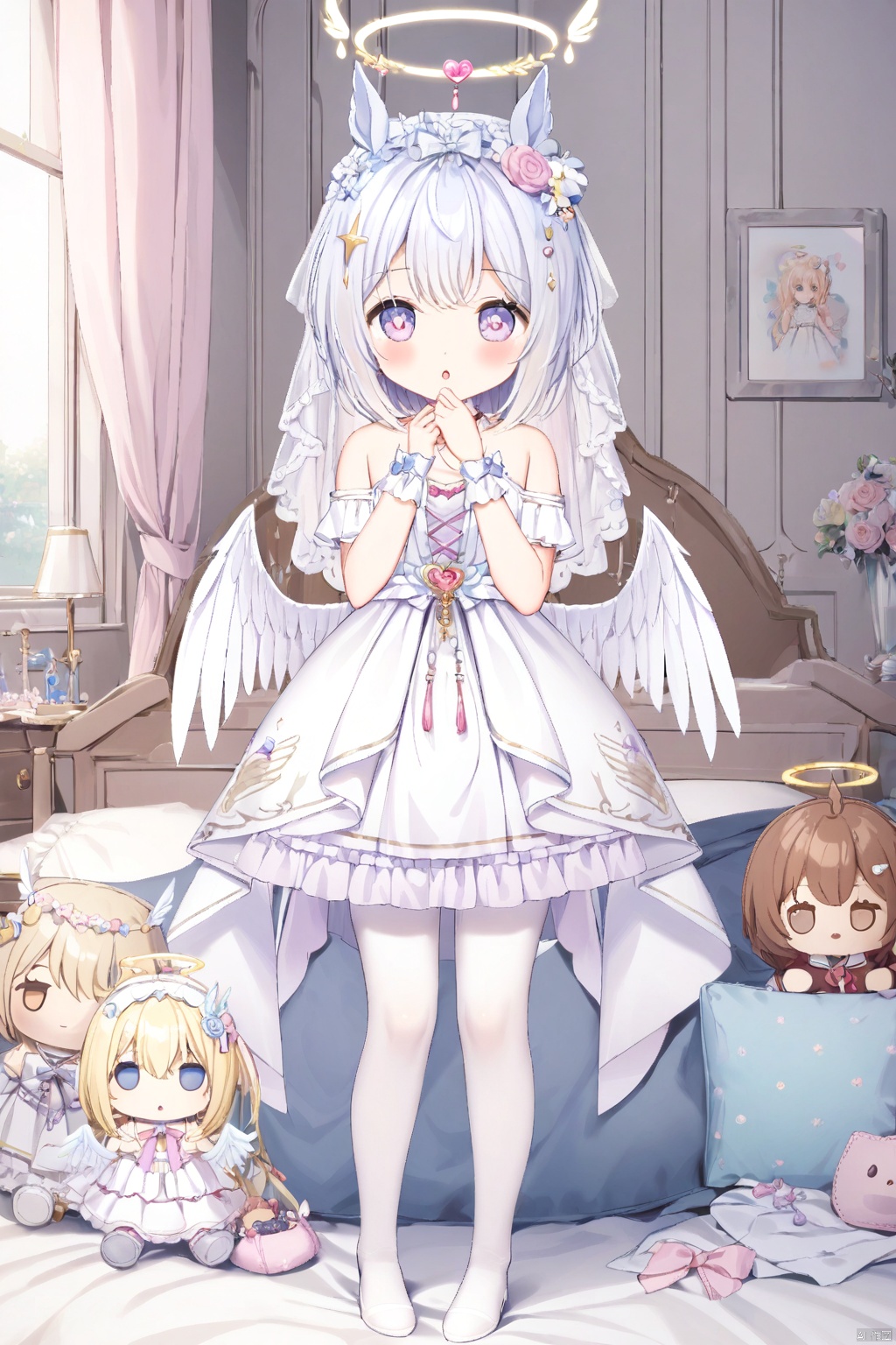  1girl, lili, white dress, halo, long hair,
ribbon, shamed, blush, :o, bow,
hand on mouth, bare shoulders, white pantyhose,
no shoes, full body,
room, bed, pillow,
masterpiece, best quality, doll, , omochi_monaka, onnk,feather decoration