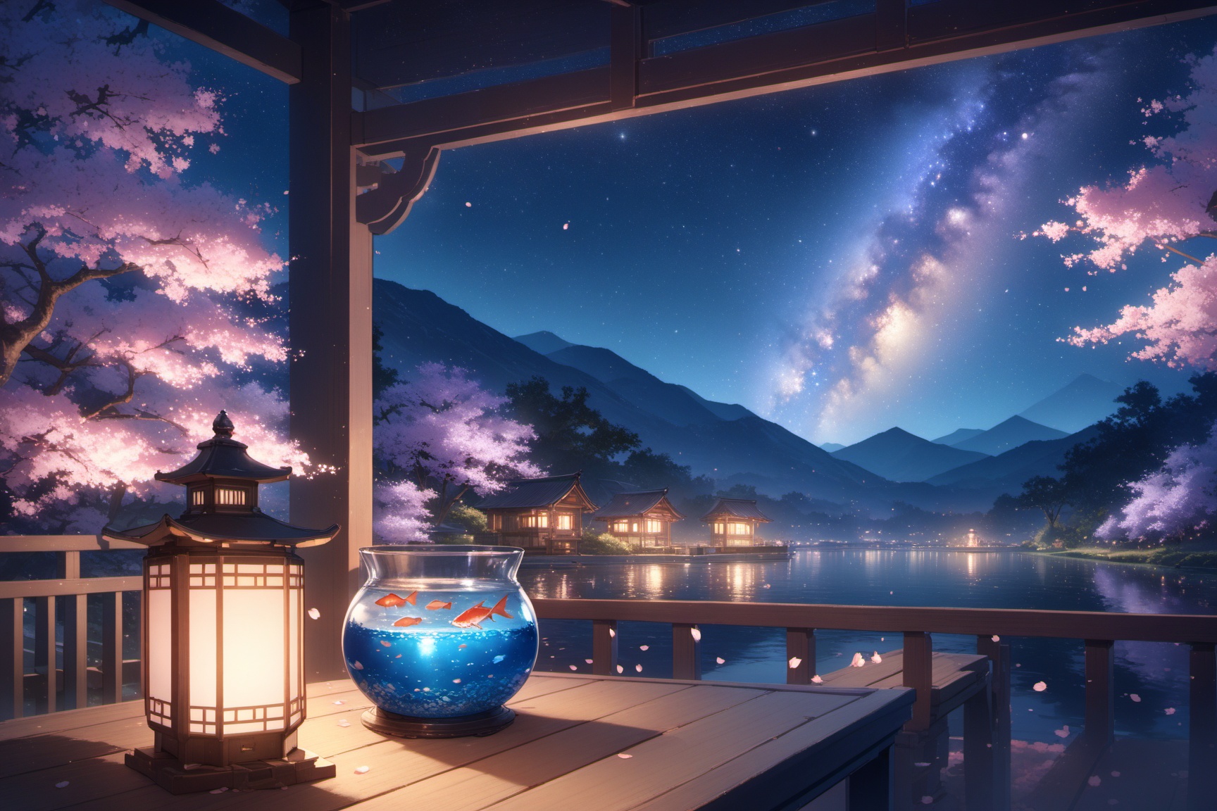 detailed background,  (Calm spring night landscape),  glowing cherry blossoms on Tensor.Art