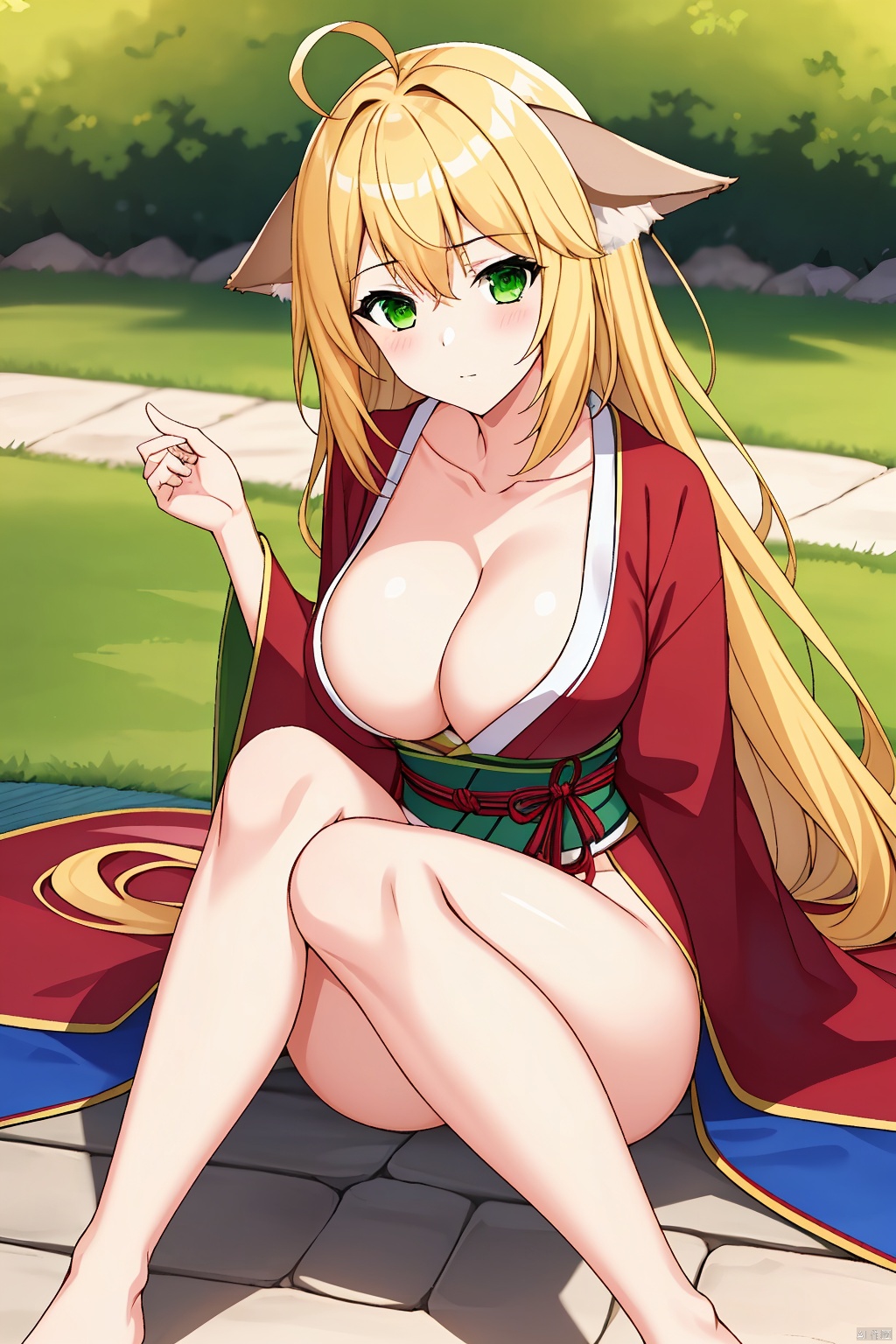 1girl, solo, long hair, breasts, looking at viewer, blush, bangs, blonde hair, large breasts, animal ears, cleavage, sitting, closed mouth, green eyes, collarbone, ahoge, thighs, outdoors, japanese clothes, barefoot, day, hand up, wide sleeves, kimono, blurry, legs, sash, bare legs, no panties, obi, antenna hair, TSSTSHH