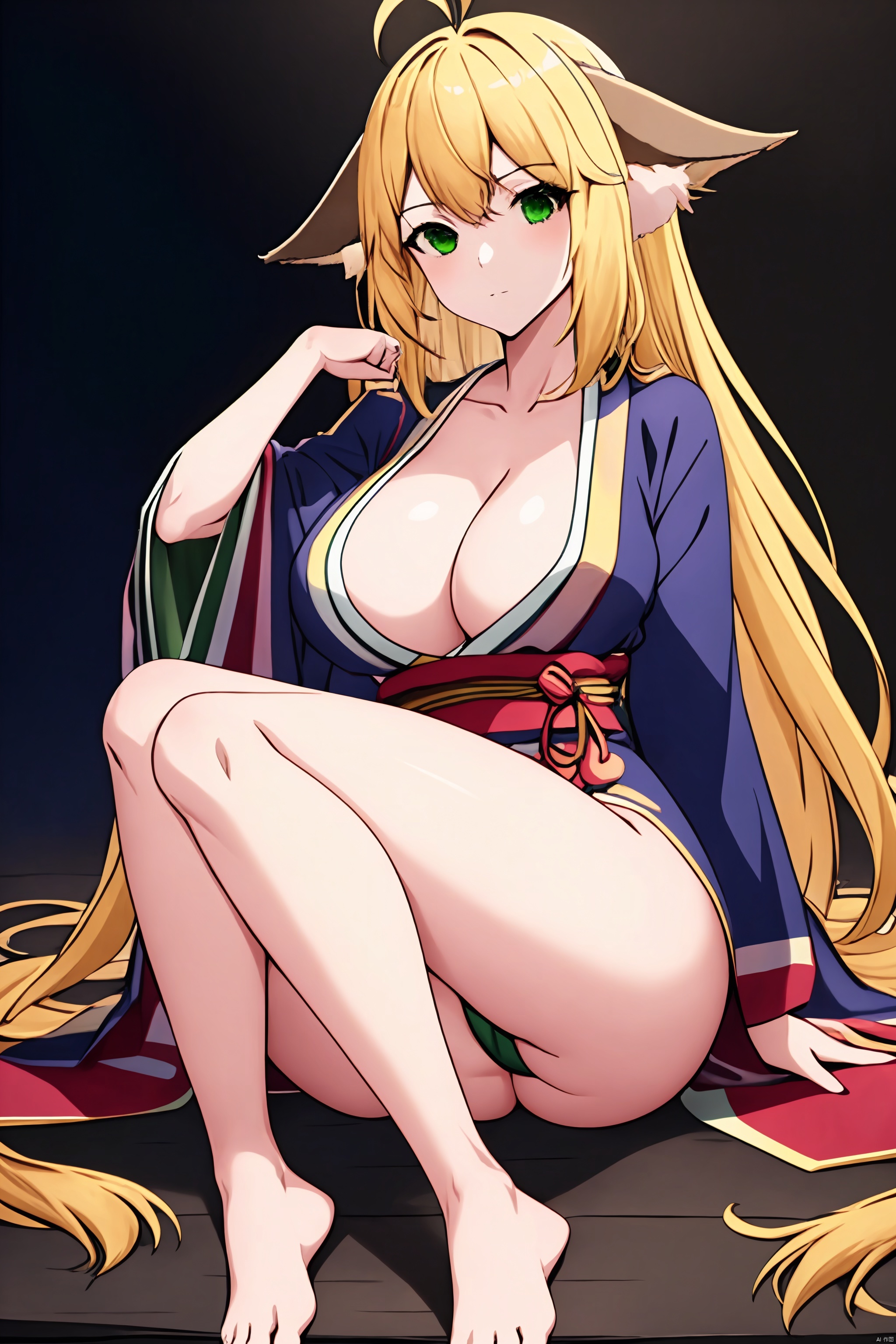 Black background,1girl, solo, long hair, looking at viewer, bangs, blonde hair, large breasts, animal ears, green eyes , thighs, japanese clothes, barefoot, day, hand up, wide sleeves, kimono, legs, sash, bare legs, antenna hair,straight-on, neonrgbstyle, TSSTSHH