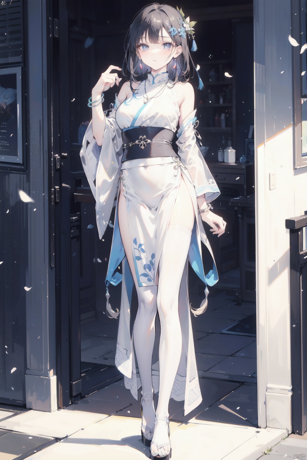 Realism: 1.3, masterpiece, highest quality, high resolution, details: 1.2, 1 girl, hair clip, beautiful face, delicate eyes, tassel earrings, necklace, bracelet, Hanfu, Su embroidered Hanfu, ribbons, elegant standing posture, aesthetics, movie lighting, light tracing, depth of field, layering, fluttering, Hanfu, full body, black and white pantyhose