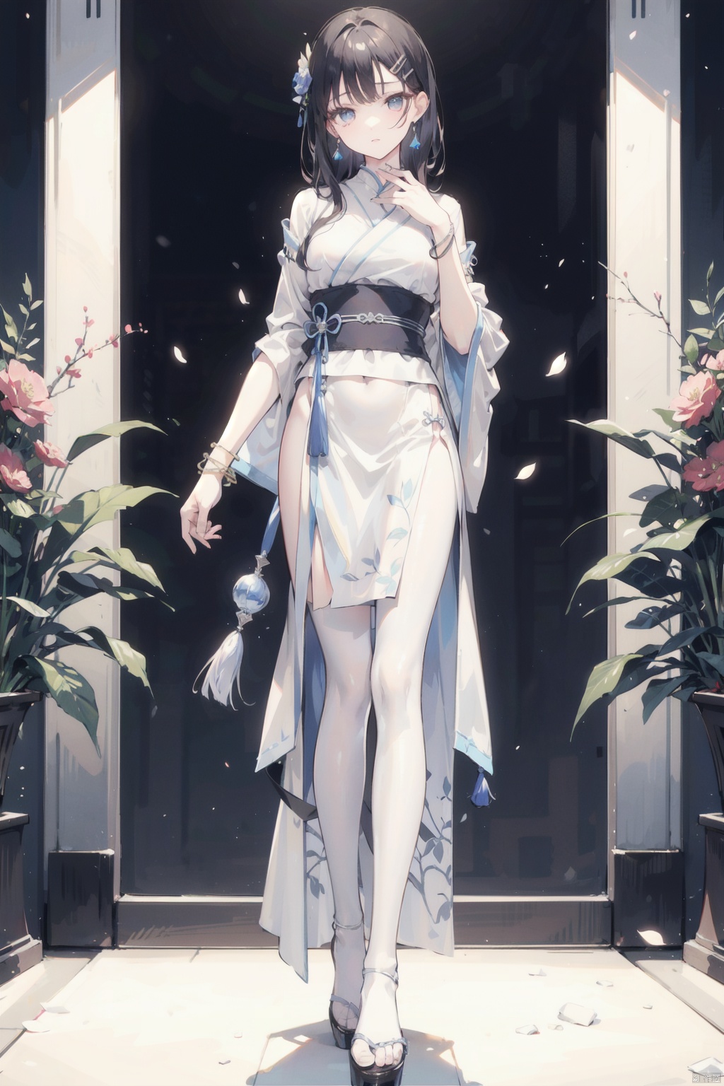  Realism: 1.3, masterpiece, highest quality, high resolution, details: 1.2, 1 girl, hair clip, beautiful face, delicate eyes, tassel earrings, necklace, bracelet, Hanfu, Su embroidered Hanfu, ribbons, elegant standing posture, aesthetics, movie lighting, light tracing, depth of field, layering, fluttering, Hanfu, full body, black and white pantyhose