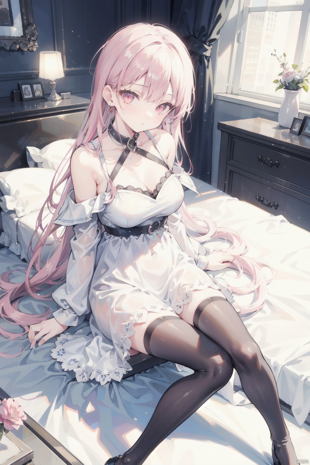  Off shoulder dress, masterpiece, best quality, high-resolution, 1 girl, Super high-resolution, alone, stockings, pink eyes, long hair, bangs, sitting on indoor bed