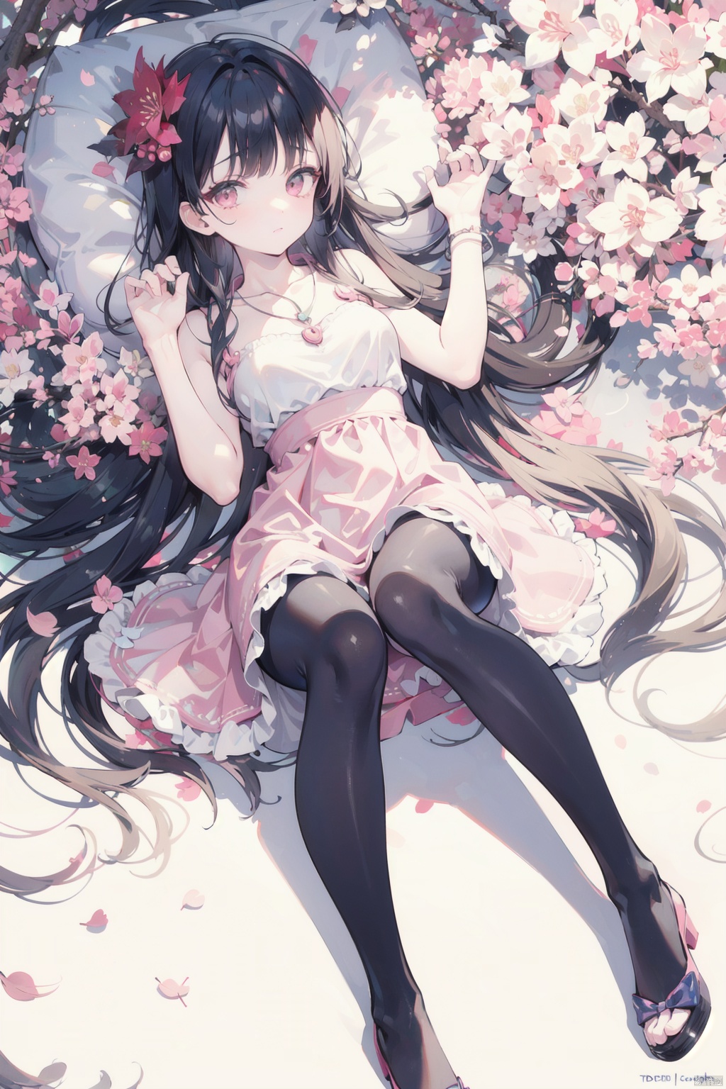  A peerless beauty, under a blooming cherry blossom tree surrounded by pink fallen leaves, wearing a pink dress, sunlight shining through the colorful leaves, black pantyhose, necklace, best quality, 8k
