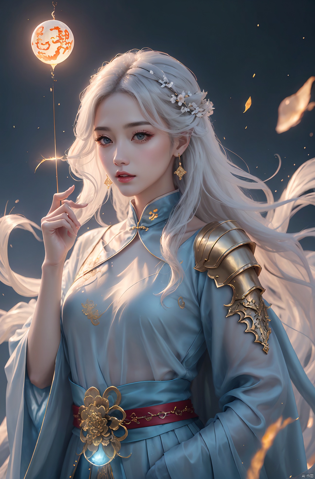  a woman with white hair holding a glowing ball in her hands, white haired deity, by Yang J, heise jinyao, inspired by Zhang Han, xianxia fantasy, flowing gold robes, inspired by Guan Daosheng, human and dragon fusion, cai xukun, inspired by Zhao Yuan, with long white hair, fantasy art style,,Ink scattering_Chinese style, smwuxia Chinese text blood weapon:sw, lotus leaf, (\shen ming shao nv\), gold armor, a boy_gmlwman, wunv, (/qingning/), (\MBTI\)