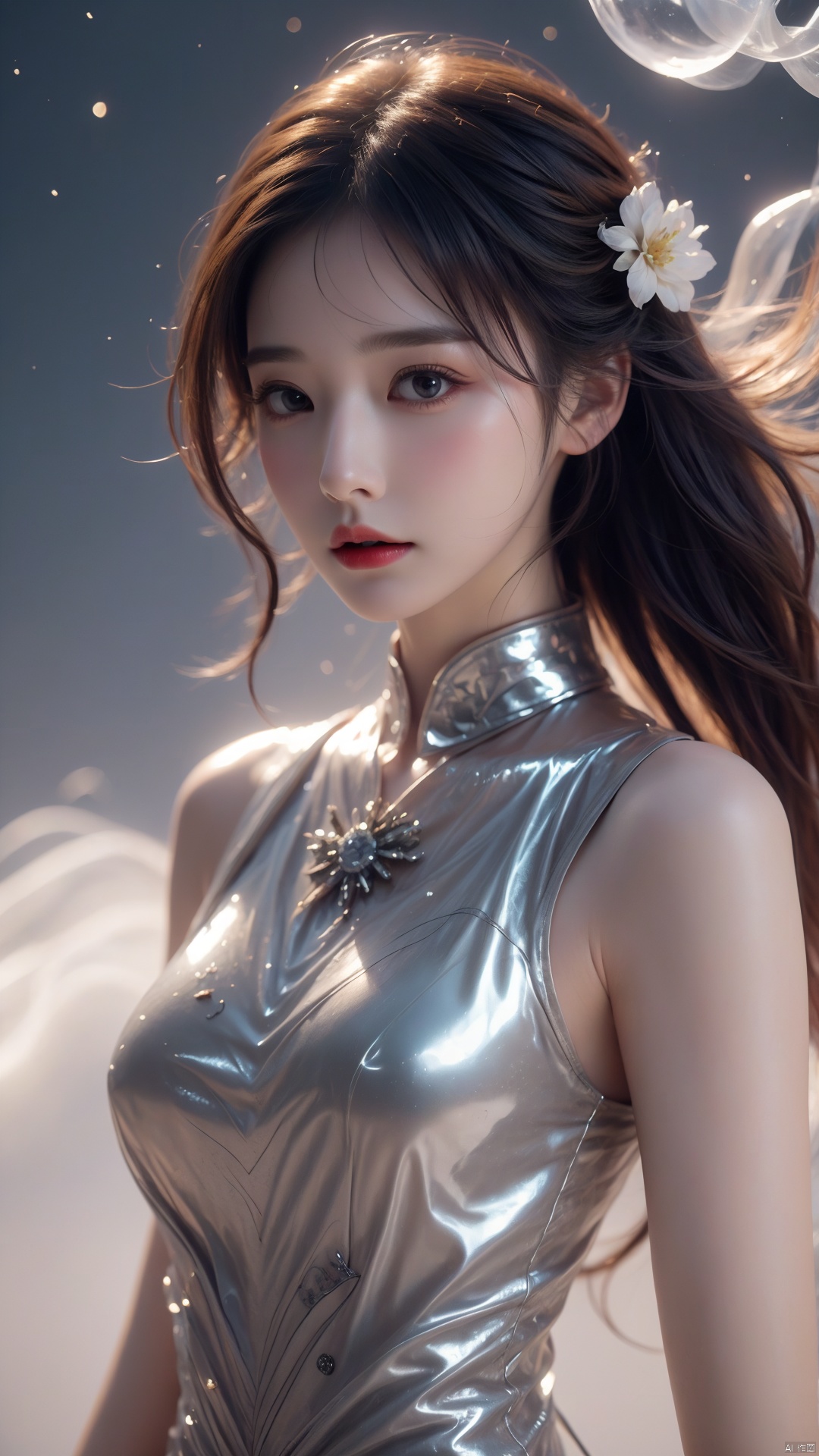  1girl,wearing Collectable Space Age Pearlescent Bracers, soft focus, Modern Art, （key light：1.2）,flower,jellyfish, Grayscale, glittering, runes,( Light streaks:1.3), （highly detailed：1.3）, 8K,jellyfishforest,,Fractal,smoke, cloud,Soaring through the clouds and mist, Colored hair,Colored smoke,moyou, Multidimensional diffraction paper,huge_breasts , glow, chaoyue