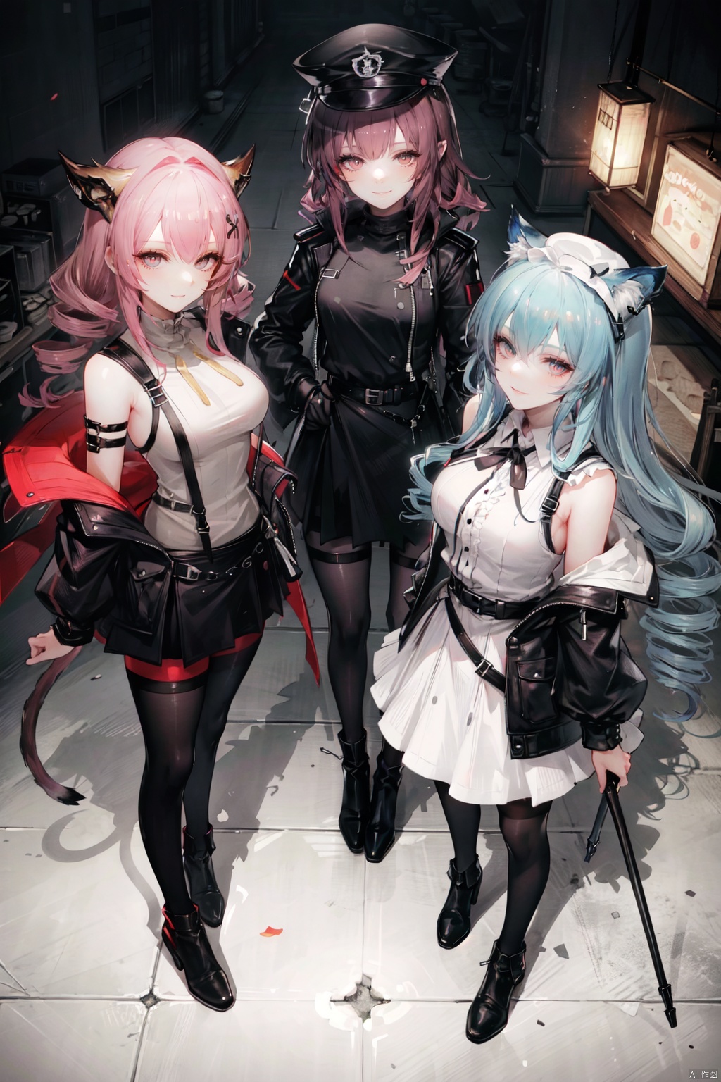 from above, swire \(arknights\), 3girls, animal ears, shirt, long hair, jacket, multiple girls, black jacket, single horn, green hair, horns, white shirt, green eyes, tiger ears, thighhighs, looking at viewer, pink hair, black headwear, drill hair, tail, ribbon, standing, hoshiguma \(arknights\), hat, dress, open clothes, black dress, boots, neck ribbon, black shirt, tiger tail, brown hair, open jacket, looking up, blonde hair, long sleeves, hairband, oni horns, sleeveless, pink eyes, black hairband, arm ribbon, black footwear, sleeveless shirt, parted lips, very long hair, skirt, black skirt, bangs, shield, full body, breasts, pantyhose, bare shoulders, twin drills, breastplate