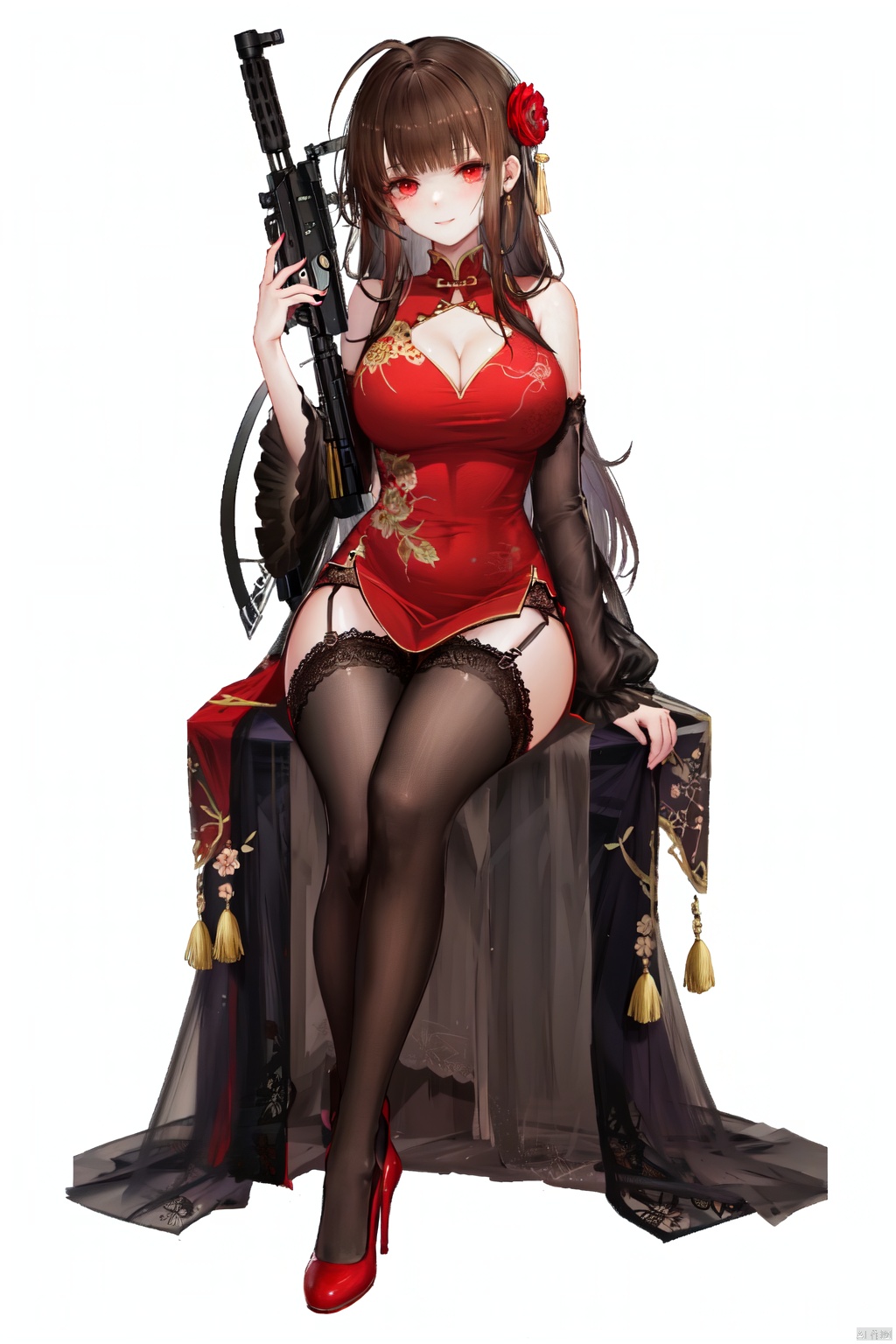 1girl, official alternate costume, thighhighs, chinese clothes, china dress, breasts, dress, solo, weapon, brown hair, gun, large breasts, sitting, red eyes, brown thighhighs, long hair, smile, lace-trimmed legwear, hair ornament, clothing cutout, cleavage cutout, red dress, rifle, full body, lace trim, sidelocks, hair flower, flower, lace, flats, cleavage, looking at viewer, arm support, garter straps, closed mouth, detached sleeves, bare shoulders, bangs, pelvic curtain, underwear, blush, blunt bangs, very long hair, panties, side slit, black thighhighs, garter belt, simple background, pumps, ahoge, sleeveless, shoes, high heels, white background, holding, red footwear, sleeveless dress, alternate costume
