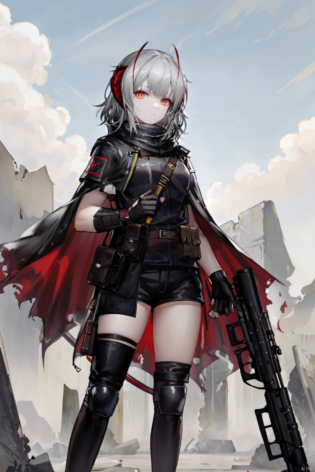1girl, weapon, solo, w \(arknights\), grey hair, horns, sword, looking at viewer, gun, ruins, fingerless gloves, gloves, short hair, outdoors, cape, standing, holding, pouch, rifle, bangs, knee pads, black gloves, cloak, alternate costume, orange eyes, holding weapon, demon horns, sky