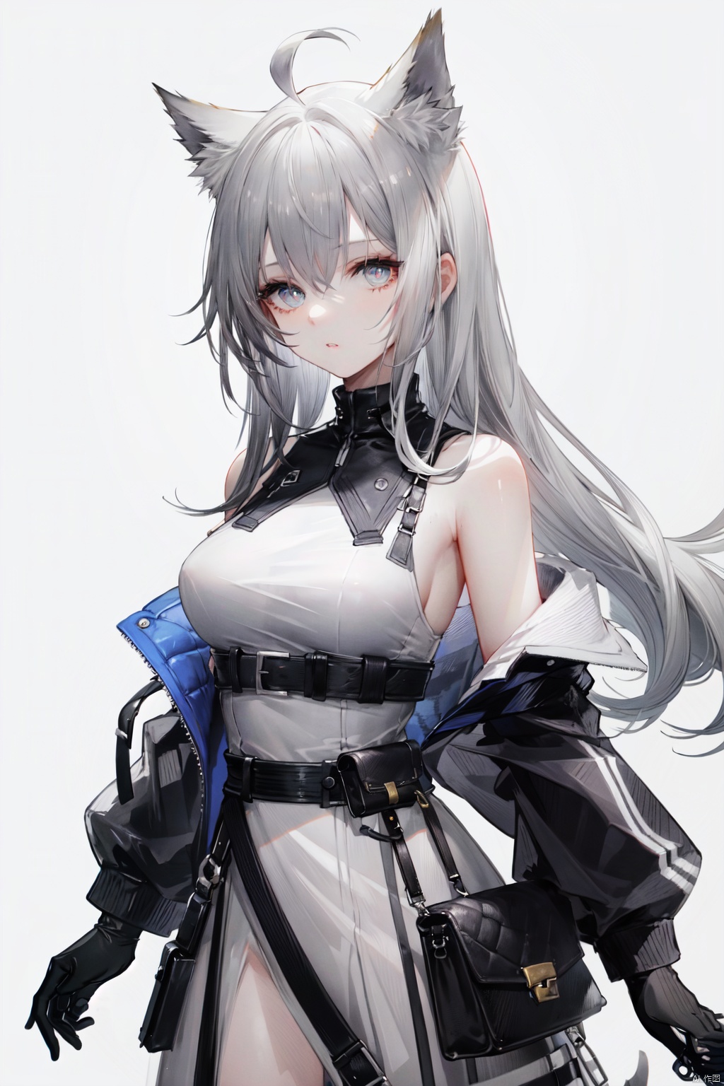 1girl, solo, dress, long hair, jacket, gloves, black gloves, simple background, animal ears, open jacket, white dress, grey background, blue eyes, open clothes, looking at viewer, sleeveless dress, sleeveless, parted lips, off shoulder, bangs, pouch, grey hair, belt, hair intakes, grey jacket, bare shoulders, breasts, ahoge, black background, cowboy shot, belt pouch, grey dress, white jacket, animal ear fluff