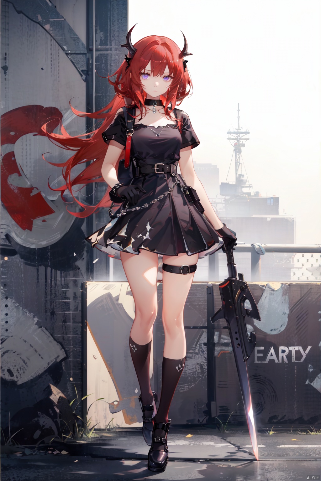 skateboard, 1girl, surtr \(arknights\), graffiti, purple eyes, horns, solo, red hair, skirt, official alternate costume, black socks, long hair, socks, gloves, shirt, black footwear, sword, black shirt, red skirt, looking at viewer, weapon, kneehighs, thigh strap, short sleeves, standing, miniskirt, black gloves, jewelry, belt, holding, full body, choker, shoes, bangs, demon horns, spray can, necklace, leg up