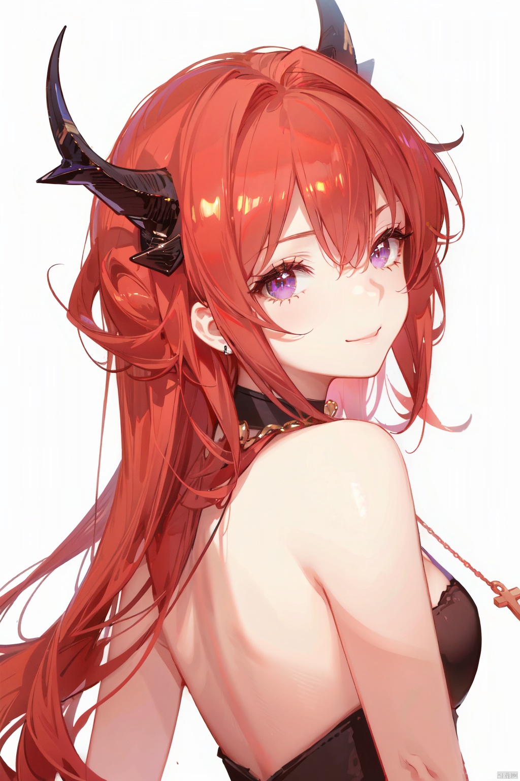 1girl, surtr \(arknights\), solo, horns, red hair, purple eyes, long hair, looking at viewer, upper body, cross, bare shoulders, white background, cross necklace, necklace, breasts, looking back, mouth hold, dress, simple background, bangs, black dress, hair between eyes, jewelry, medium breasts, smile, from behind, black choker