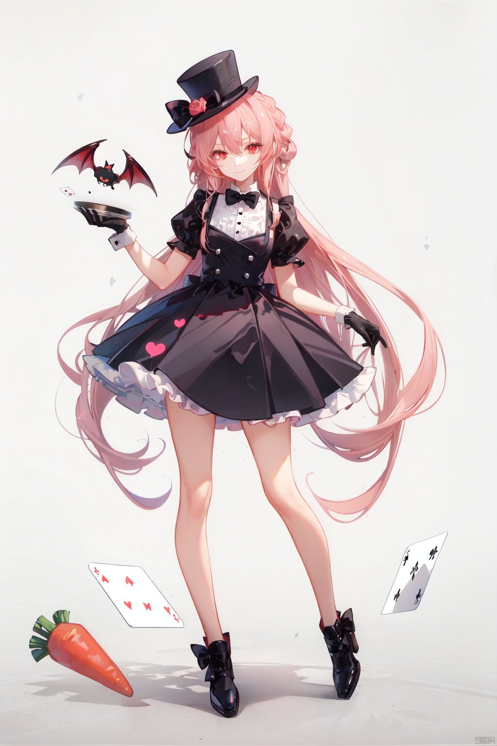 1girl, long hair, hat, gloves, solo, pink hair, wings, black headwear, black gloves, white background, rabbit, bow, full body, bowtie, skirt, puffy sleeves, carrot, simple background, smile, short sleeves, top hat, looking at viewer, card, black skirt, puffy short sleeves, shirt, playing card, cup, black footwear, heart, bat wings, braid, arm behind back, standing, bangs, very long hair, hand up, closed mouth, high-waist skirt, hair between eyes, red eyes