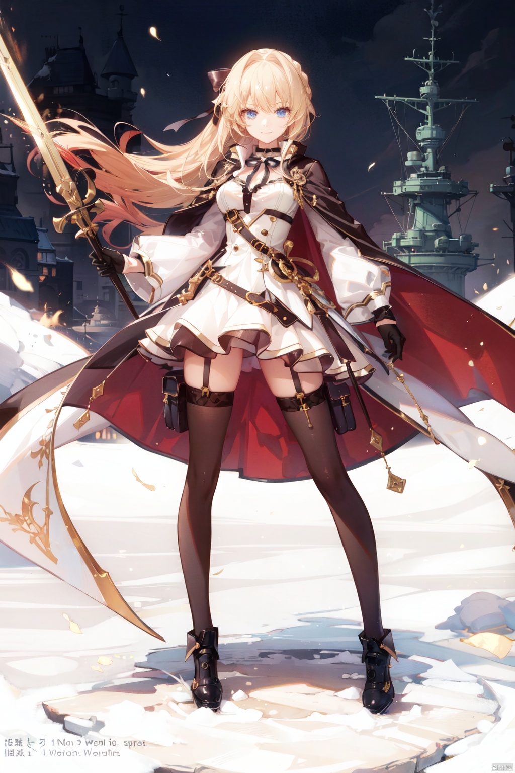 1girl, long hair, blue eyes, solo, weapon, thighhighs, blonde hair, sword, gloves, black gloves, white thighhighs, high heels, aiguillette, sheath, cape, looking at viewer, full body, holding, ribbon, holding weapon, turret, dress, holding sword, hair ribbon, long sleeves, choker, breasts, black footwear, smile, white cape, closed mouth, rigging, sheathed, bangs