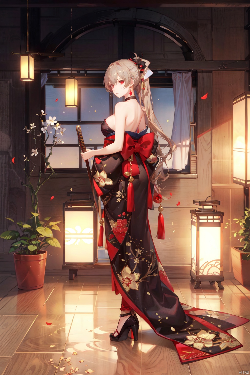 1girl, jean bart \(azur lane\), sword, kimono, long hair, solo, high ponytail, weapon, official alternate costume, japanese clothes, katana, standing, looking at viewer, holding, breasts, sash, high heels, hand fan, folding fan, hair ornament, wooden floor, red sash, petals, alternate costume, medium breasts, sheath, red flower, print kimono, holding fan, black kimono, tassel, obi, full body, floral print, earrings, flower, ponytail, bare shoulders, jewelry, sheathed, red eyes, bow, strapless, backless outfit, black background, indoors, sideways glance, brown hair, dress, window, architecture, carpet, lantern, hair bow, very long hair, closed mouth, east asian architecture, sidelocks, gold choker, strapless dress, black footwear, off shoulder, sideboob, faux figurine, light brown hair