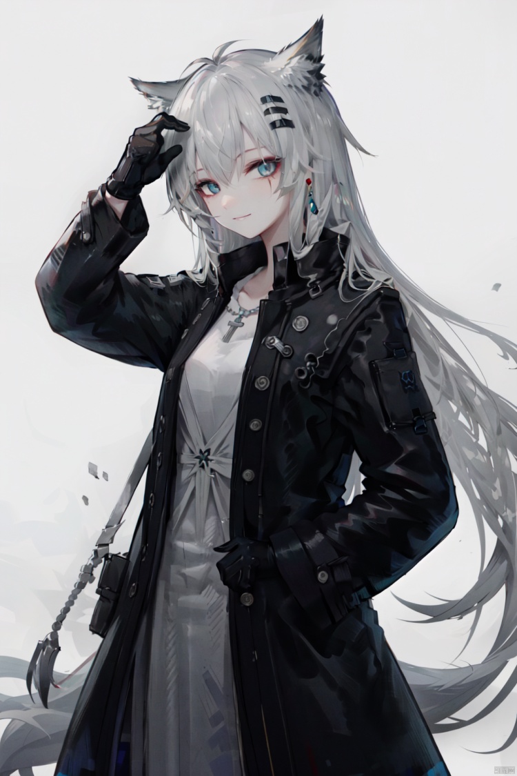 1girl, solo, lappland \(arknights\), animal ears, long hair, black gloves, gloves, wolf ears, scar across eye, scar, looking at viewer, smile, simple background, scar on face, black coat, coat, official alternate costume, hair ornament, long sleeves, open clothes, white background, white hair, dress, open coat, finger to mouth, cowboy shot, antenna hair, black dress, hairclip, holding, bangs, very long hair, jewelry, blue eyes, hand up, shirt, grey eyes, grey hair, parted lips