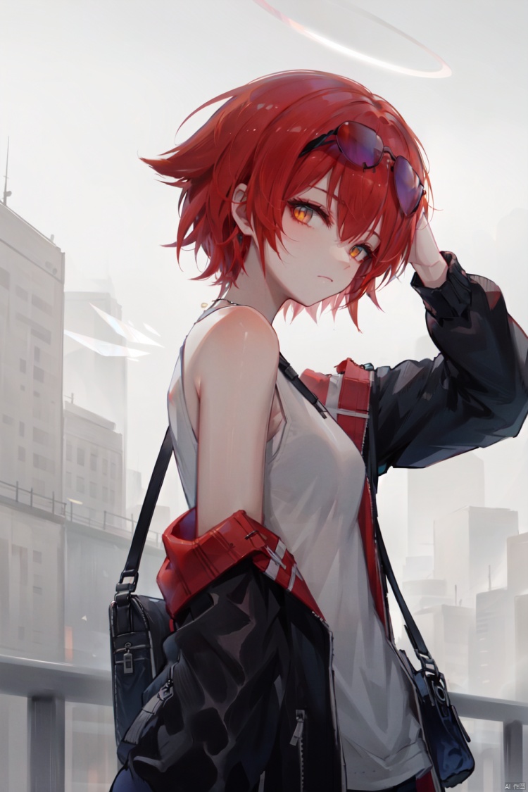 1girl, exusiai \(arknights\), solo, halo, eyewear on head, short hair, red hair, jacket, sunglasses, looking at viewer, off shoulder, sleeveless shirt, shoulder bag, sleeveless, bag, bare shoulders, upper body, breasts, shirt, detached wings, wings, from side, long sleeves, black jacket, open clothes, closed mouth, orange eyes, white shirt, open jacket, city, bangs, small breasts, yellow eyes, looking to the side