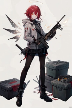 1girl, rifle, gun, solo, weapon, assault rifle, h&k hk416, exusiai \(arknights\), gloves, fingerless gloves, pantyhose, jacket, halo, black gloves, smile, holding, holding gun, white jacket, black pantyhose, short hair, looking at viewer, full body, holding weapon, red hair, grey shirt, shirt, black footwear, open jacket, black skirt, skirt, battle rifle, hair between eyes, pouch, bangs, open clothes, hood, m4 carbine, sniper rifle, wings, trigger discipline, scope, orange eyes, red eyes, hooded jacket, standing, boots, closed mouth, white background, submachine gun, shoes