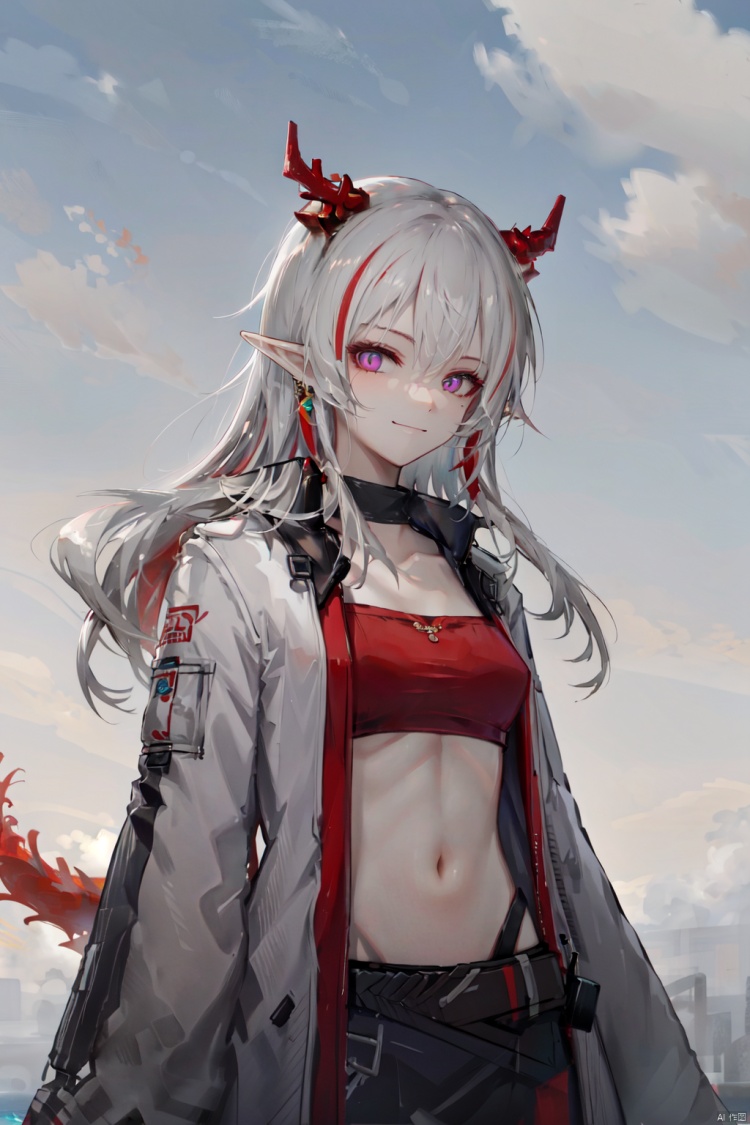 solo, 1girl, nian \(arknights\), horns, tube top, long hair, looking at viewer, pointy ears, white hair, upper body, holding, purple eyes, strapless, smile, bandeau, open clothes, midriff, tail, multicolored hair, white coat, sky, bangs, jacket, breasts, red hair, crop top, coat, streaked hair, jewelry, outdoors, long sleeves, small breasts