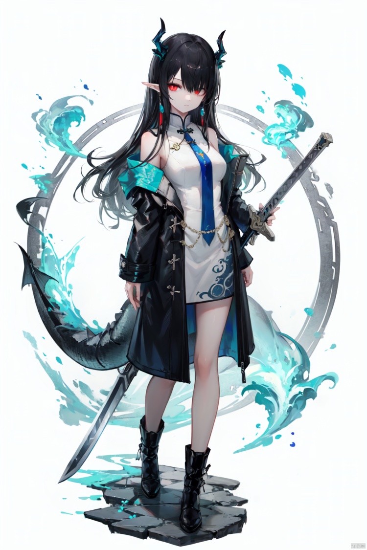 1girl, dusk \(arknights\), weapon, black hair, solo, horns, sword, holding, holding weapon, tail, long hair, pointy ears, dress, white dress, hair over one eye, boots, necktie, holding sword, full body, off shoulder, red eyes, dragon horns, dragon tail, looking at viewer, red necktie, black footwear, dragon girl, multicolored hair, green skin, open clothes, white background, colored skin, jacket, jewelry, sleeveless, black jacket, earrings, coat, bare shoulders, sleeveless dress, short dress, standing, very long hair, china dress, chinese clothes, closed mouth, bare legs, black coat, green hair, expressionless, open coat