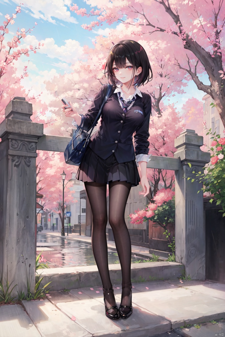 1girl, solo, skirt, pantyhose, shirt, black hair, rain, looking at viewer, black skirt, red eyes, white shirt, pleated skirt, long sleeves, bangs, black pantyhose, full body, school uniform, breasts, outdoors, tree, smile, cherry blossoms, necktie, collared shirt, no shoes, leaning forward, standing, wet clothes, see-through, short hair, wet, legs, pink necktie, medium breasts