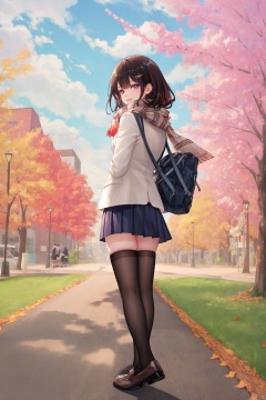 1girl, outdoors, solo, thighhighs, skirt, long hair, tree, looking at viewer, bag, scarf, looking back, black thighhighs, pleated skirt, autumn, shoes, holding, school bag, jacket, long sleeves, school uniform, white jacket, standing, zettai ryouiki, bangs, full body, sky, hair ornament, autumn leaves, from behind, black hair, blue skirt, leaf, blush, brown hair, miniskirt, hairclip, pink scarf, black footwear, loafers, hand up, blazer