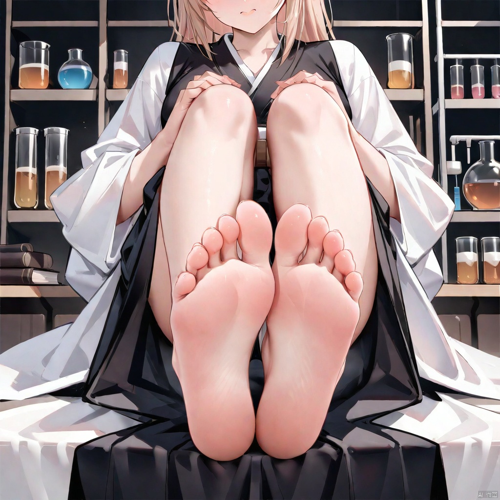 Soles, foot close-up, (masterpiece), soles, (black Hanfu: 1.2), laboratory background, body, bare feet, lifted legs, bare feet, facing the audience, feet facing down, bare feet, opaque clothing, bare feet, soles