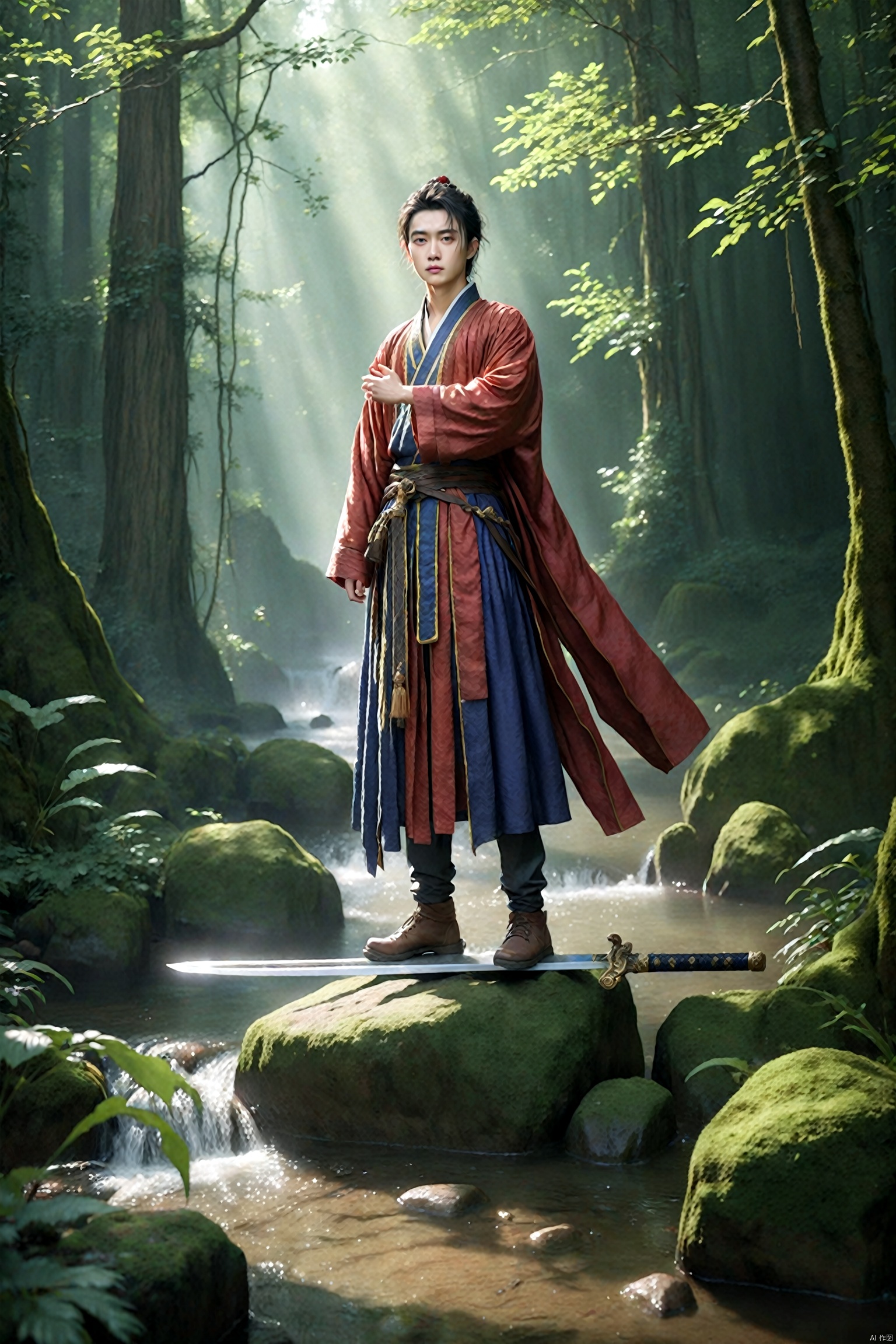  absurdres,incredibly absurdres,reality,realistic,full_shot, yujianshu_sword_Stand on the sword