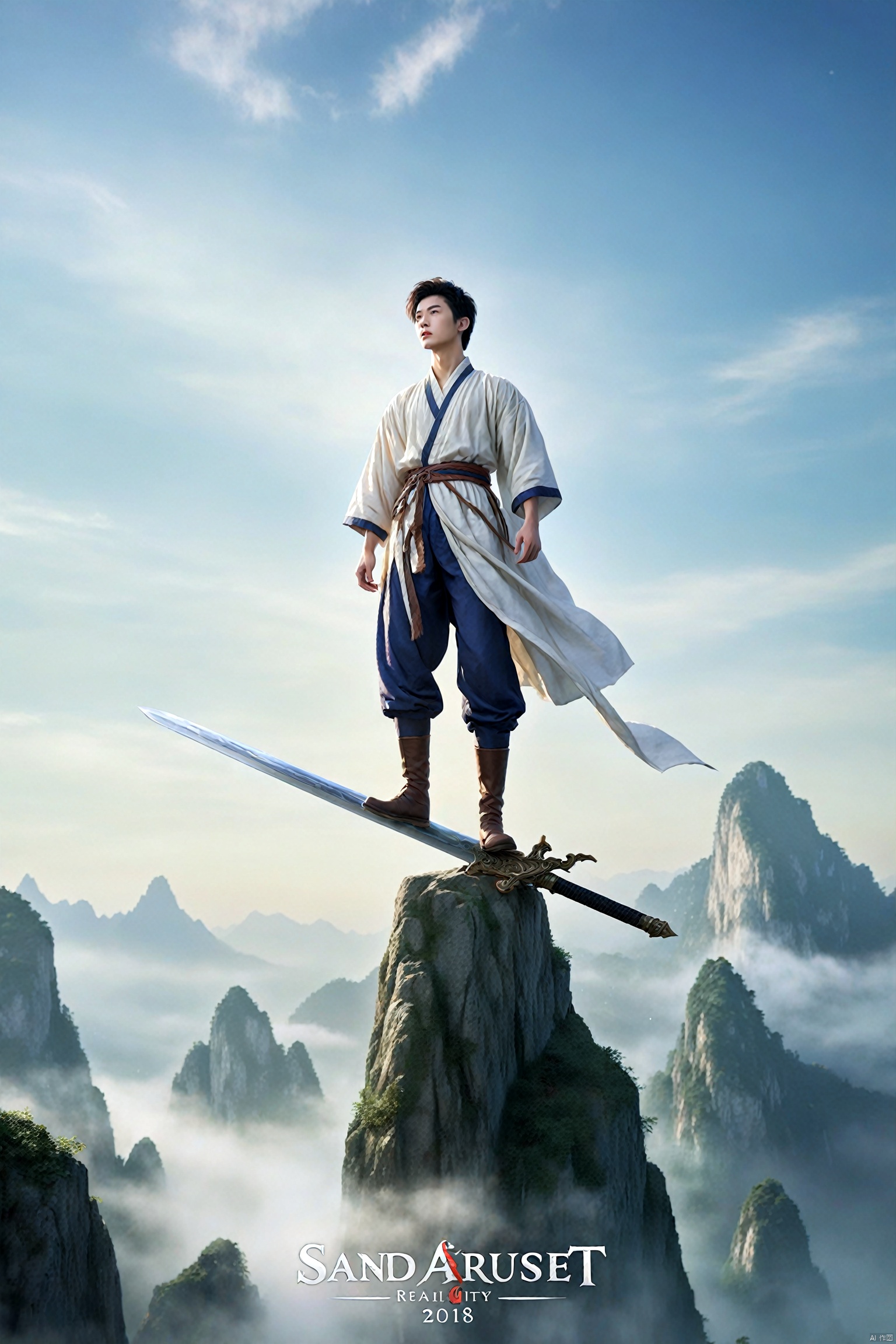  absurdres,incredibly absurdres,reality,realistic,full_shot, yujianshu_sword_Float in the air_Stand on the sword