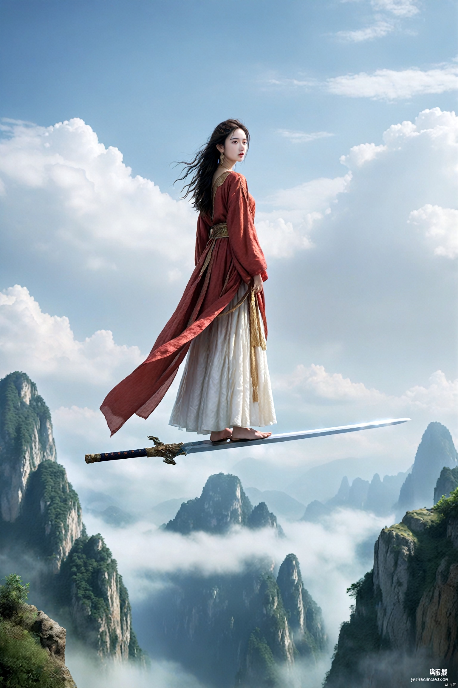  absurdres,incredibly absurdres,reality,realistic,full_shot, yujianshu_Standing on the flying sword_sword