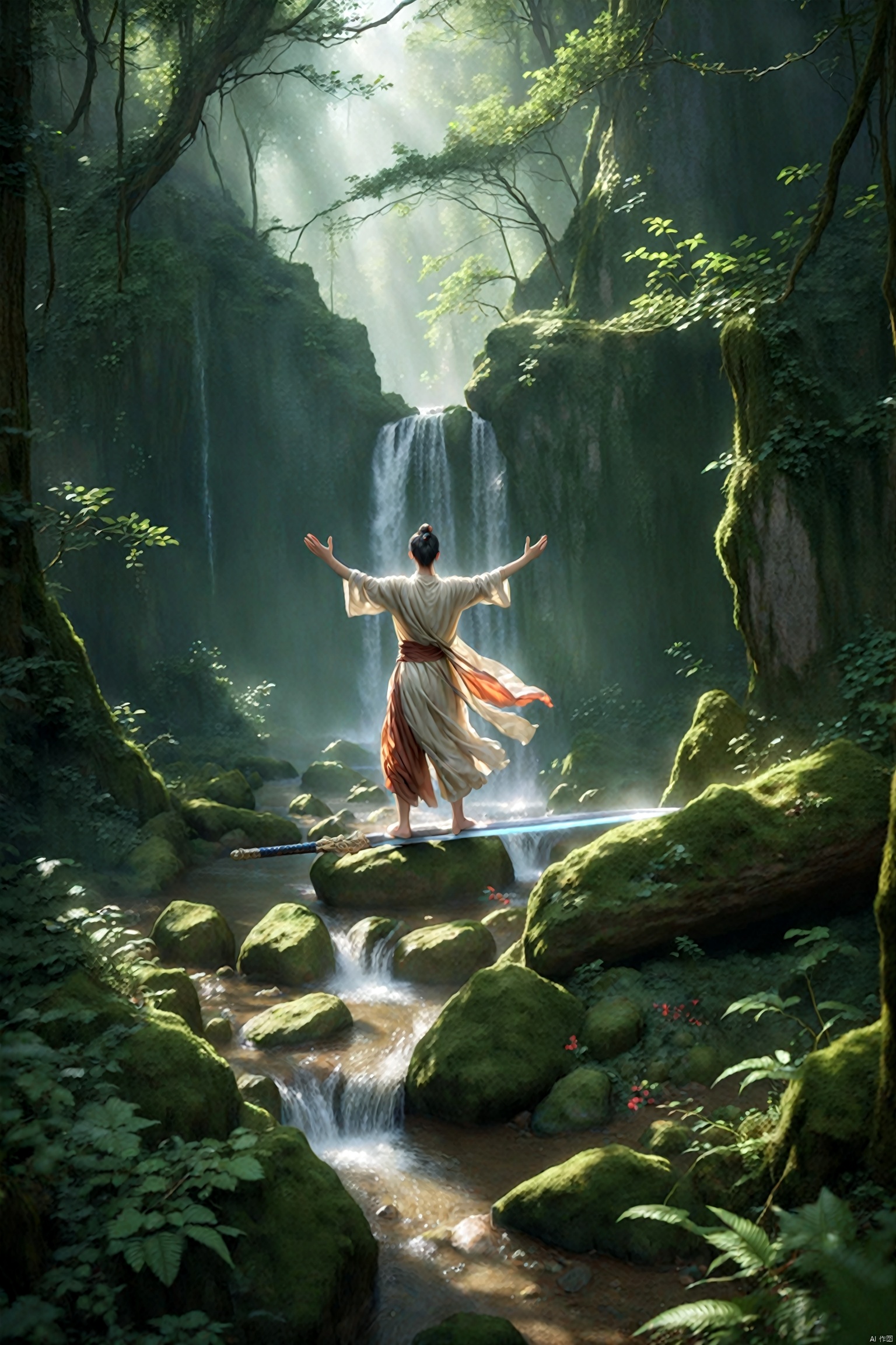  absurdres,incredibly absurdres,reality,realistic,full_shot, yujianshu_Standing on the flying sword_sword
