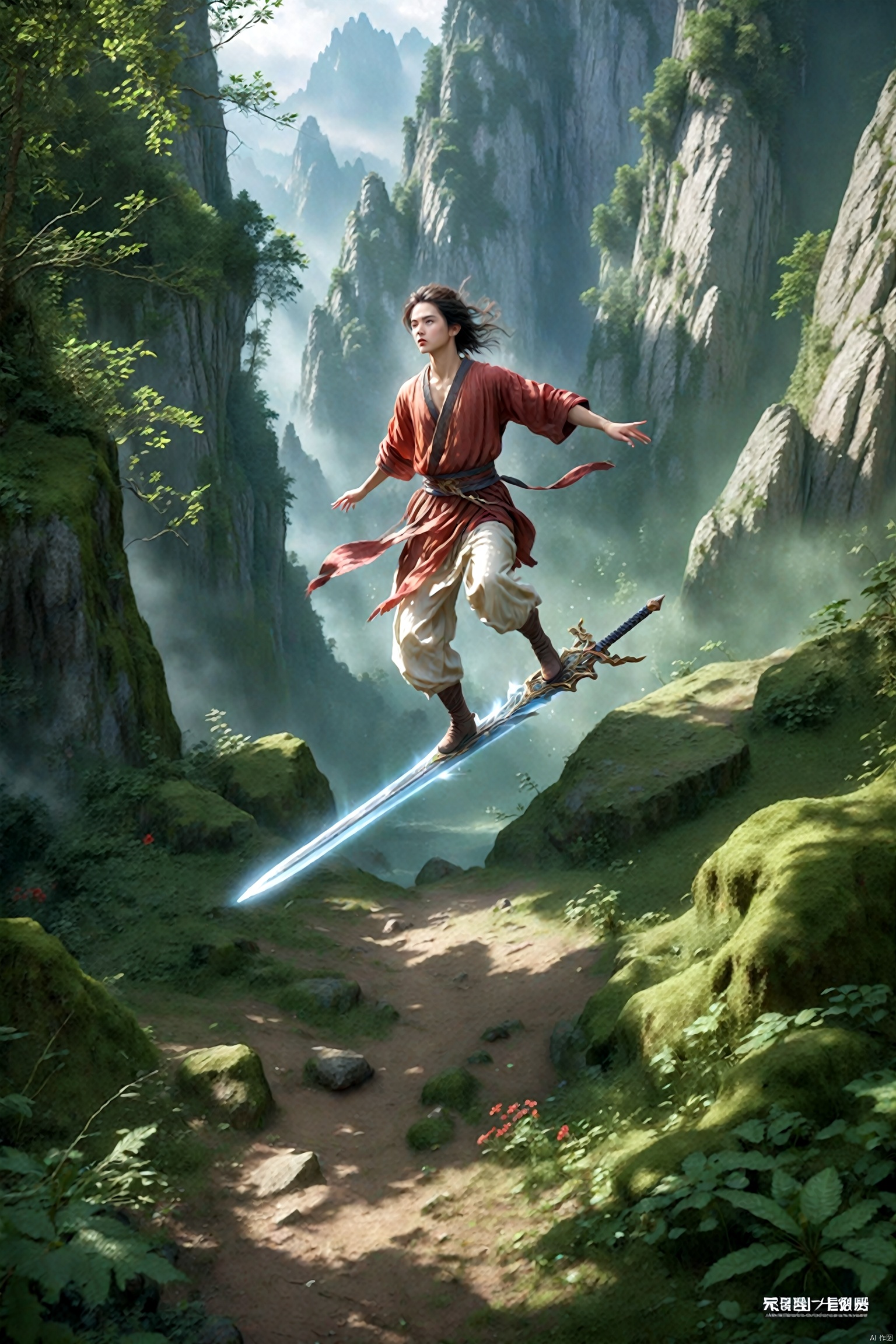  absurdres,incredibly absurdres,reality,realistic,full_shot, yujianshu_Standing on the flying sword_sword