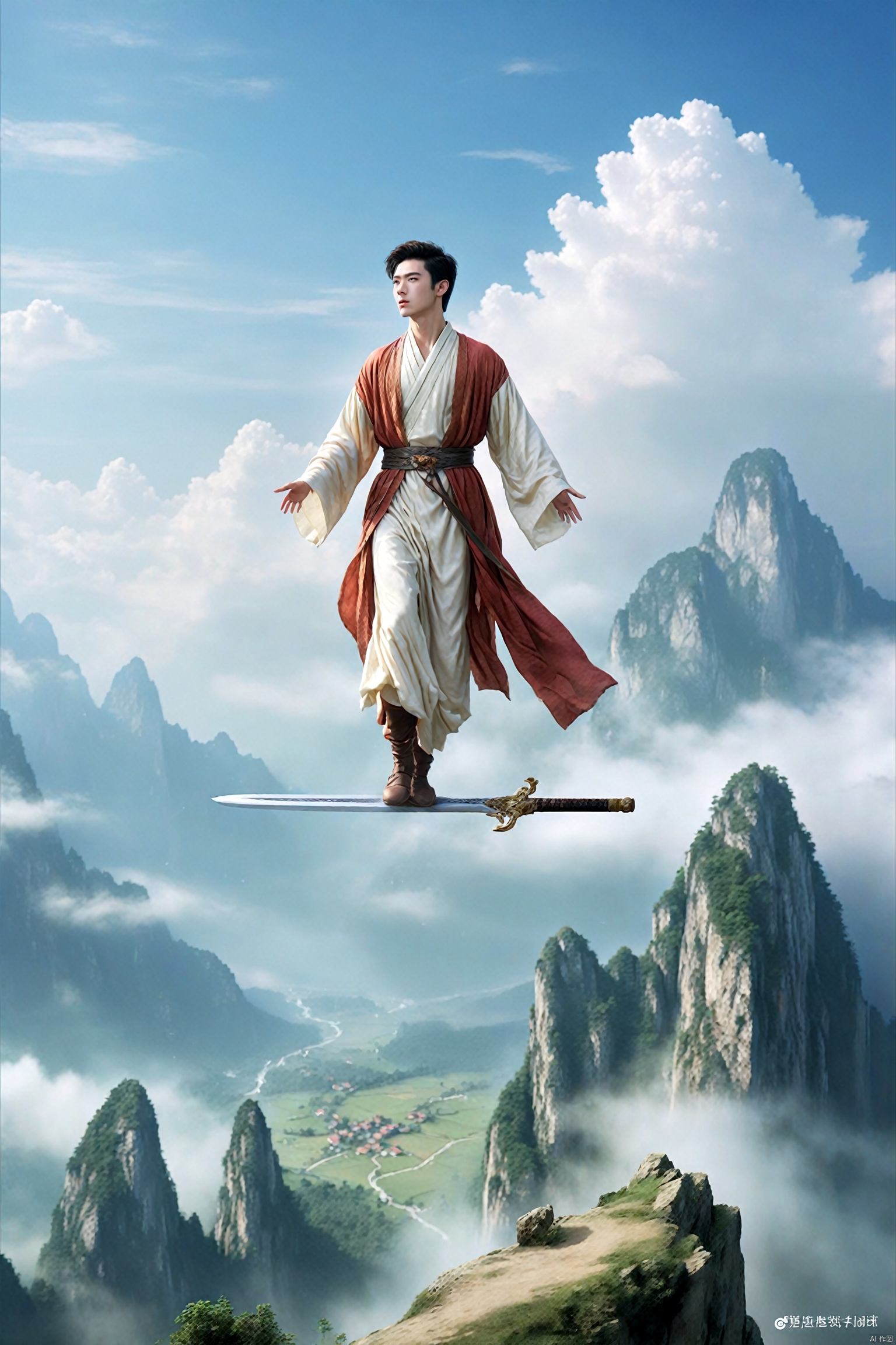  absurdres,incredibly absurdres,reality,realistic,full_shot, yujianshu_Float in the air_Stand on the sword_sword