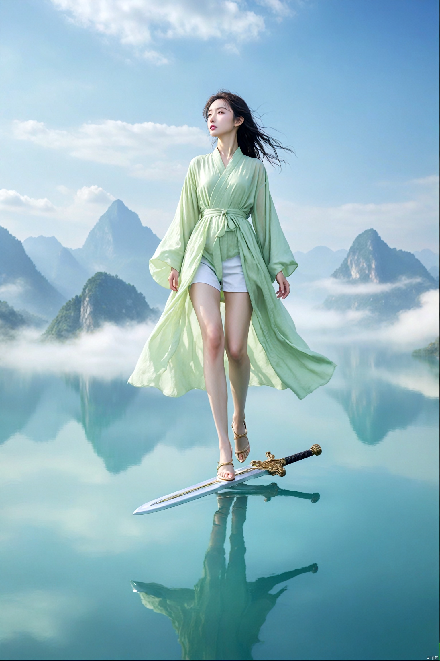  absurdres,incredibly absurdres,reality,realistic,full_shot, yujianshu_Float in the air_Stand on the sword_sword