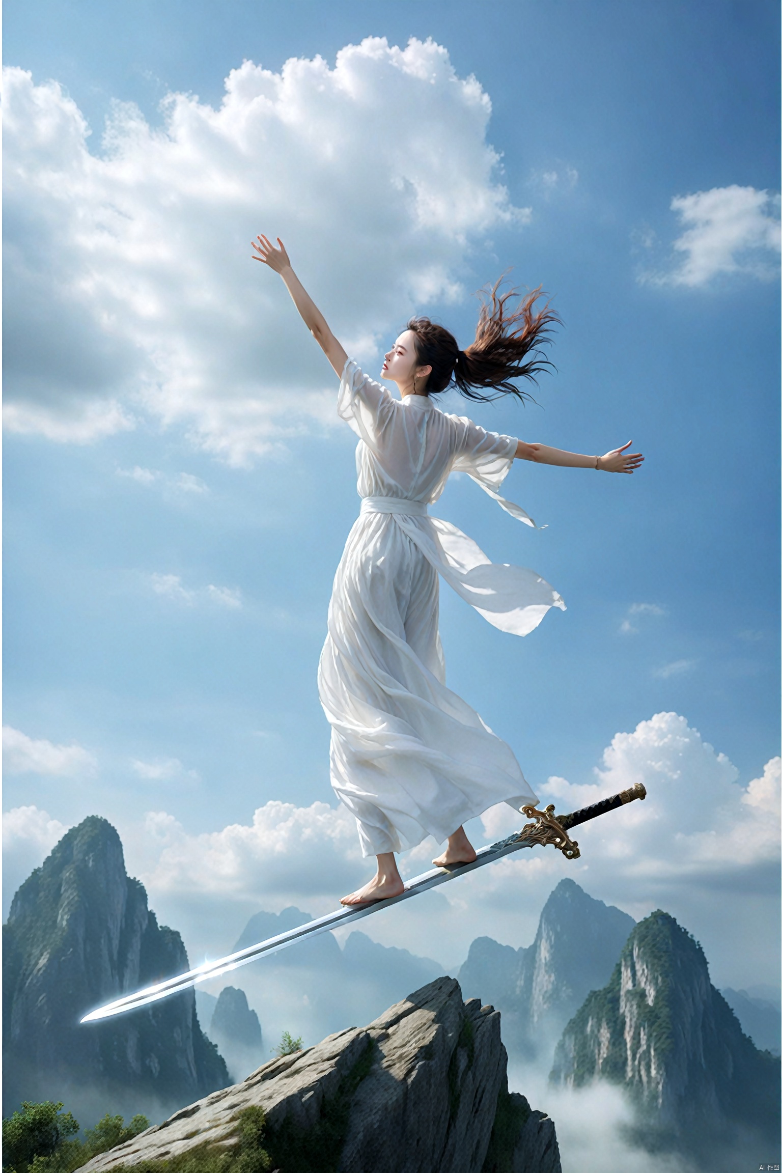  absurdres,incredibly absurdres,reality,realistic,full_shot, yujianshu_sword_Float in the air_Stand on thesword