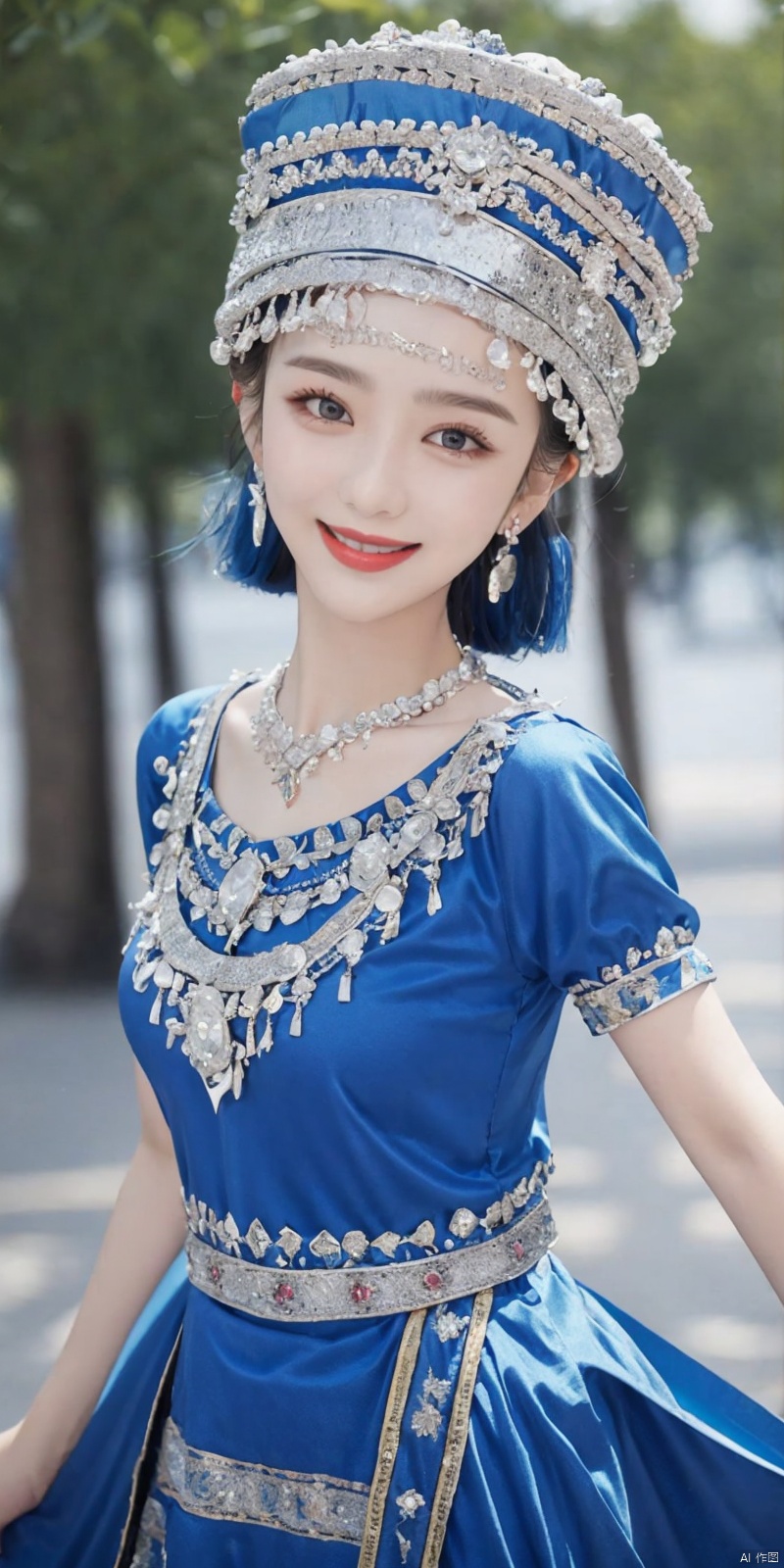  (Good structure), DSLR Quality,Depth of field ,looking_at_viewer,Dynamic pose, , kind smile,1girl ,
dress,

blueheadwear,hat,

jewelry,necklace,earrings