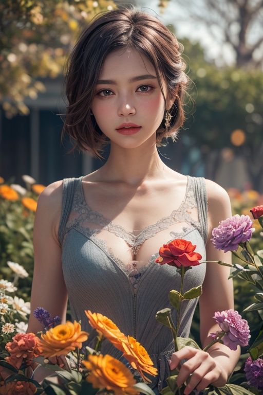 woman,flowers (innocent grey),exposure blend, medium shot, bokeh, (hdr:1.4), high contrast, (cinematic, teal and orange:0.85), (muted colors, dim colors, soothing tones:1.3), low saturation